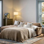 Daphnis Camel Velvet Sofa Bed, Grande Chaise Left Hand Facing