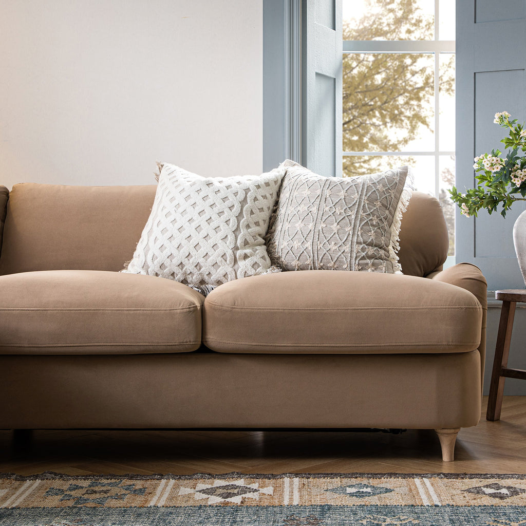 Daphnis Camel Velvet Sofa Bed, Grande Chaise Left Hand Facing