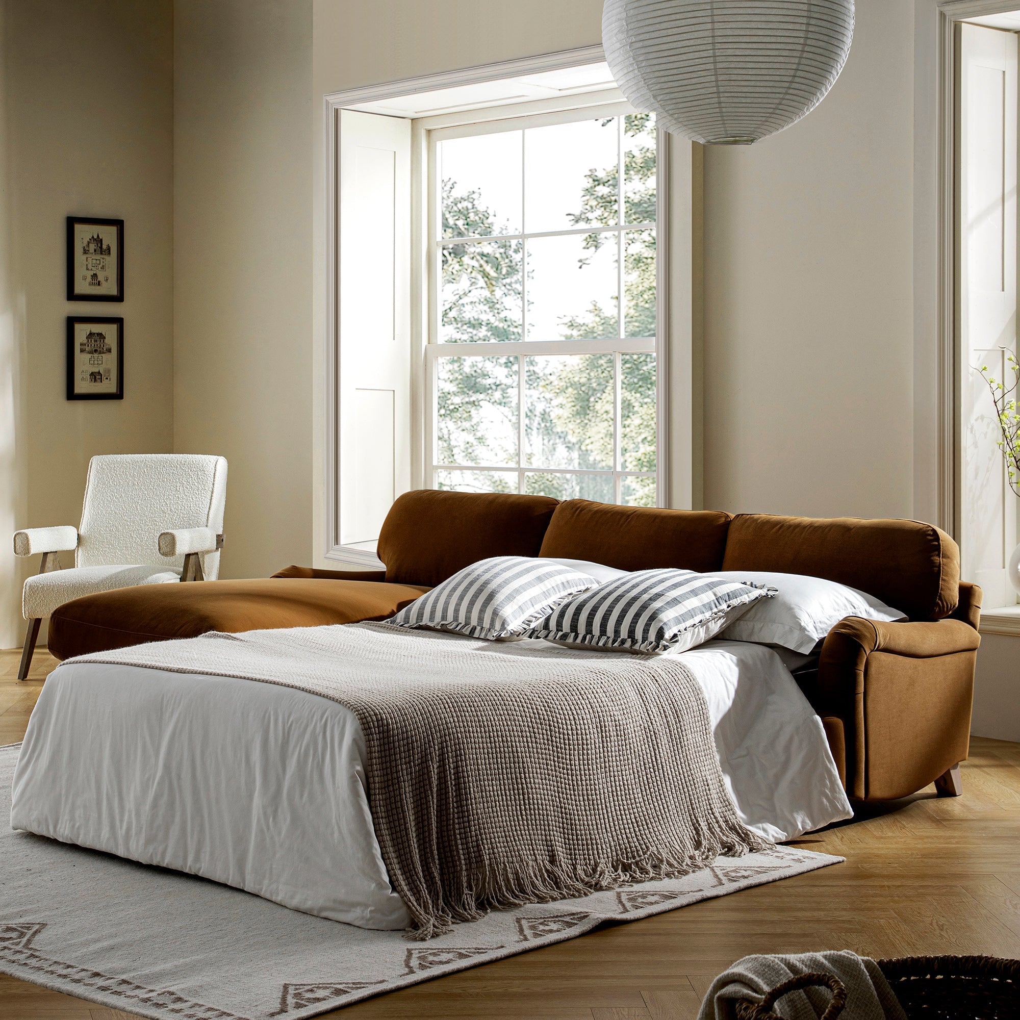 Daphnis Cinnamon Velvet Sofa Bed, Grande Chaise Left Hand Facing