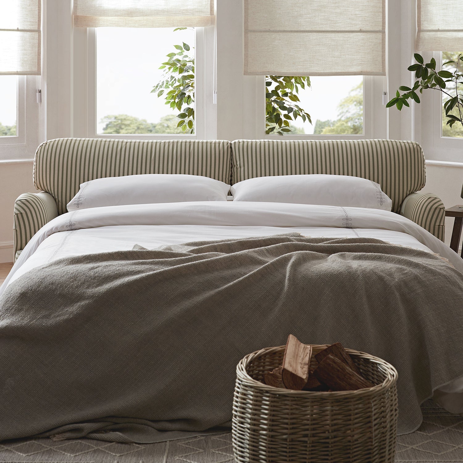 Daphnis Green Striped Linen Blend Sofa Bed, Large 3-Seater