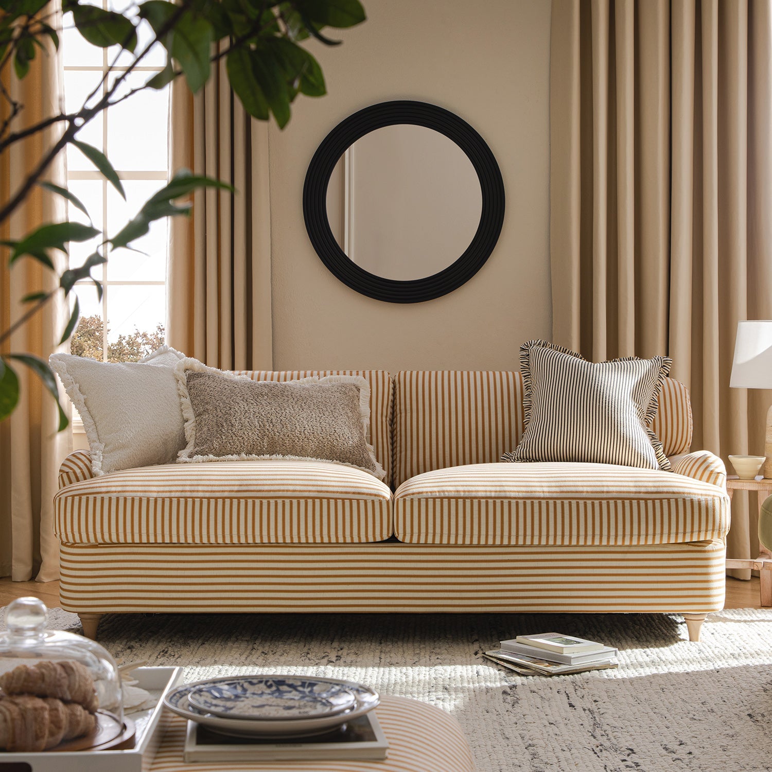 Daphnis Ochre Striped Linen Blend Sofa Bed, Large 3-Seater