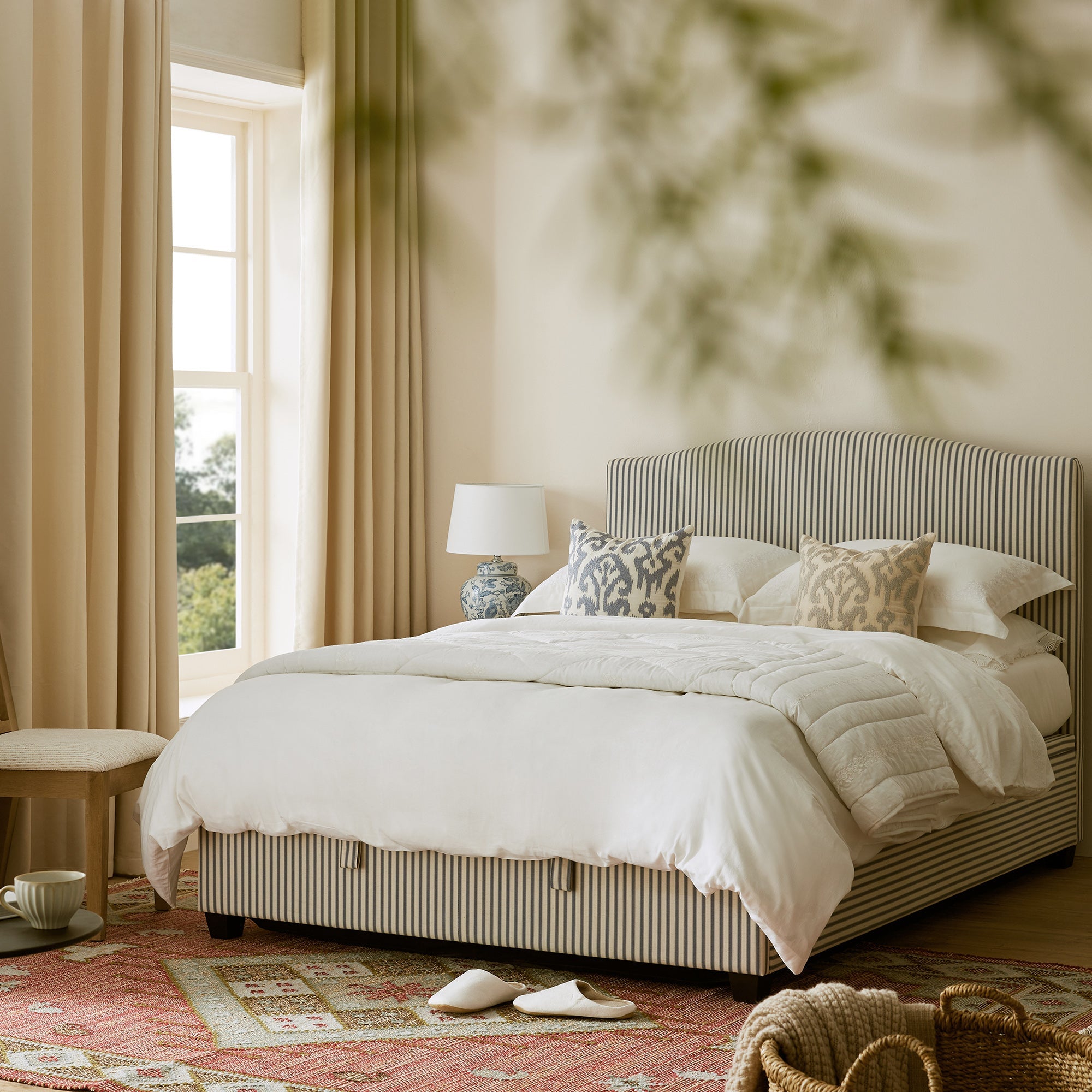 Chilworth Upholstered Ottoman Storage Bed, Blue Stripe Linen Blend