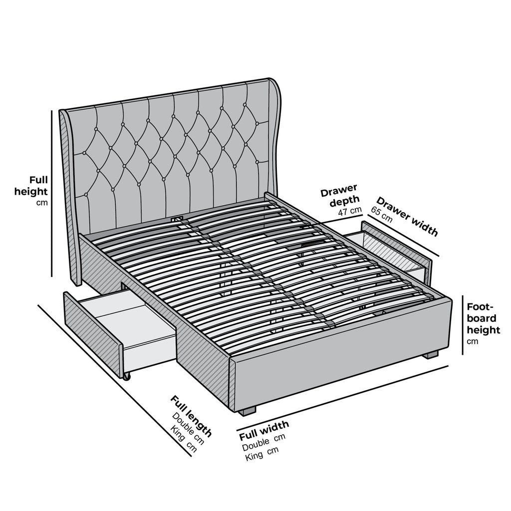 Weston Buttoned Wing Back Upholstered 2-Drawer Storage Bed (Grey Fabric)