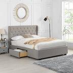 Weston Buttoned Wing Back Upholstered 2-Drawer Storage Bed (Grey Fabric)