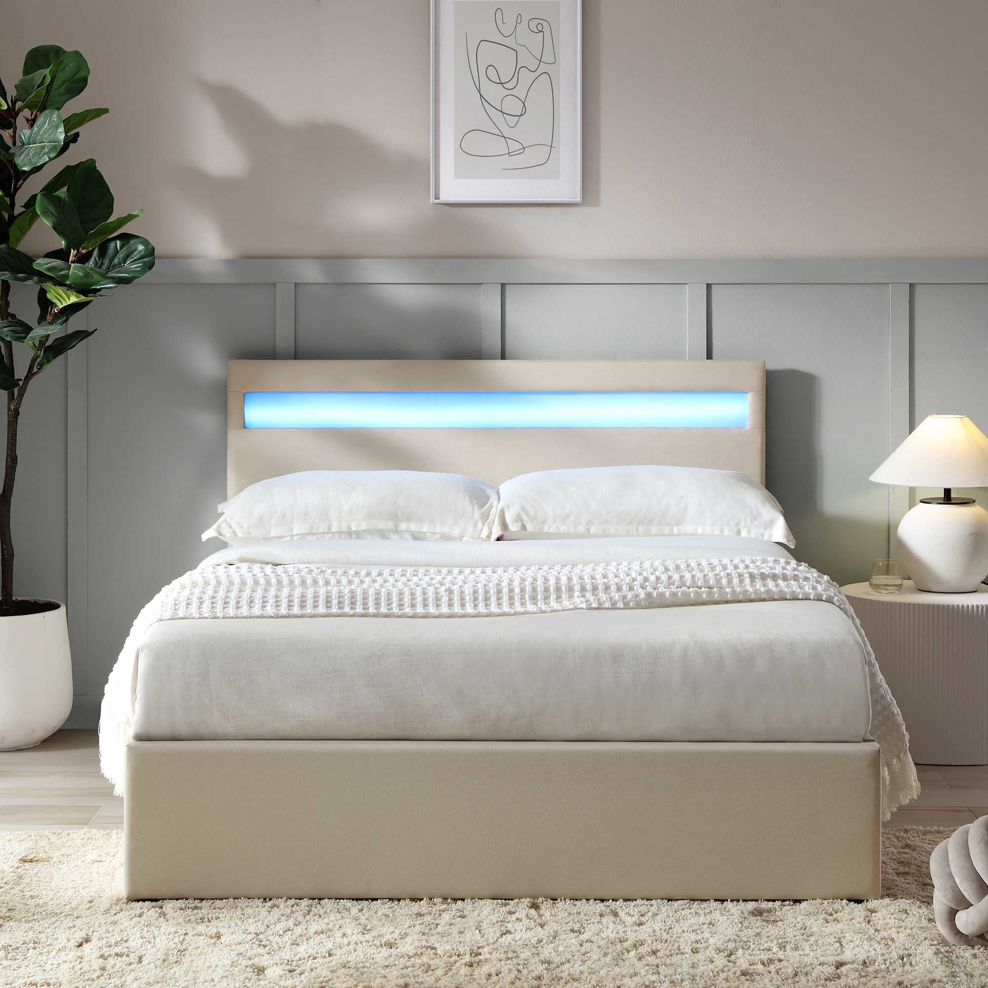 Pimlico End Opening Ottoman Storage Bed Frame with Multi-colour LED Headboard (Beige Fabric)