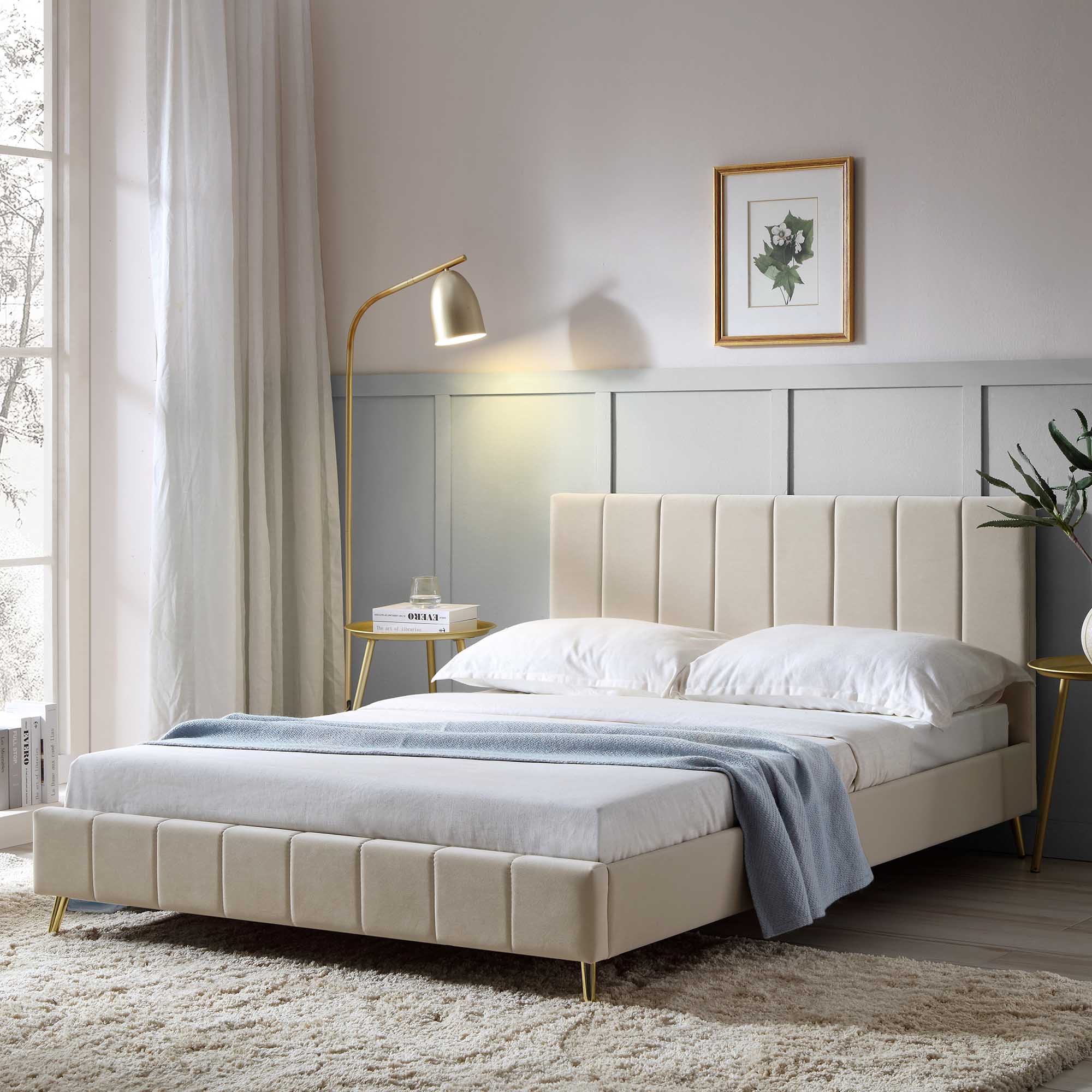 Sylvie Velvet Upholstered Bed Frame with Golden Chrome Legs, Champagne Velvet