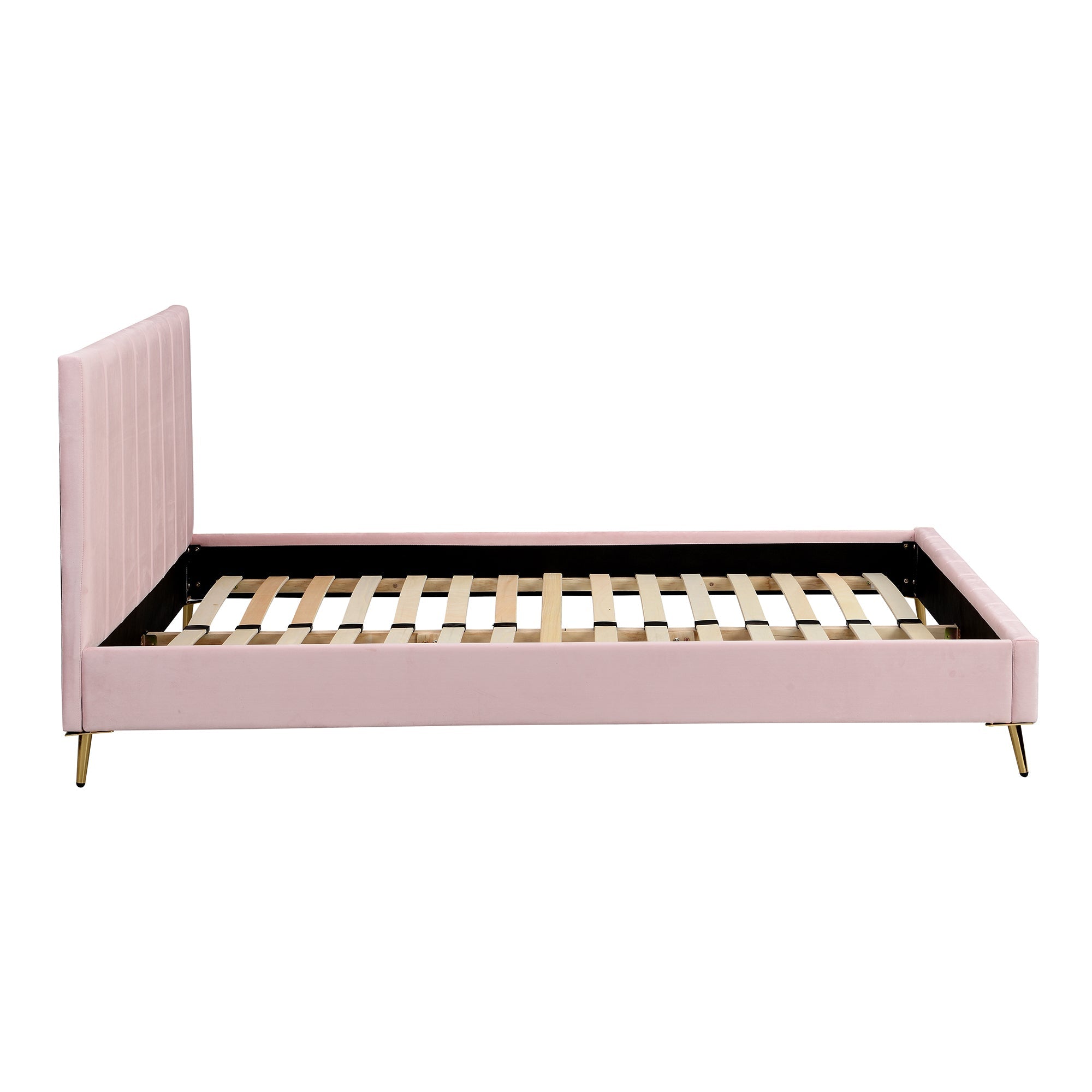 Sylvie Velvet Upholstered Bed Frame with Golden Chrome Legs, Pink Velvet