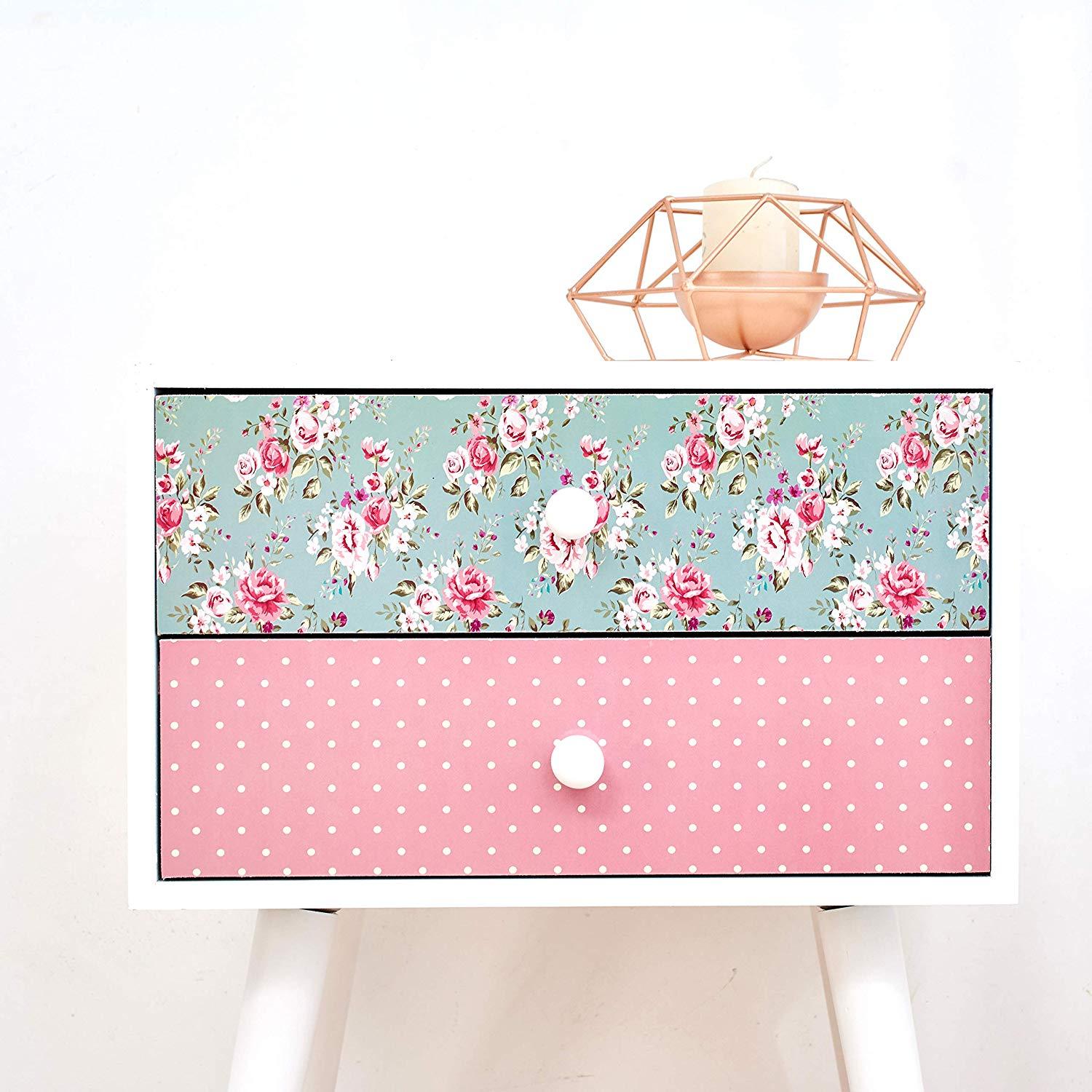 Cherry Tree Furniture CANTERBURY Wooden 2-Drawer Bedside Table Nightstand, Rose & Polka Dot Pattern