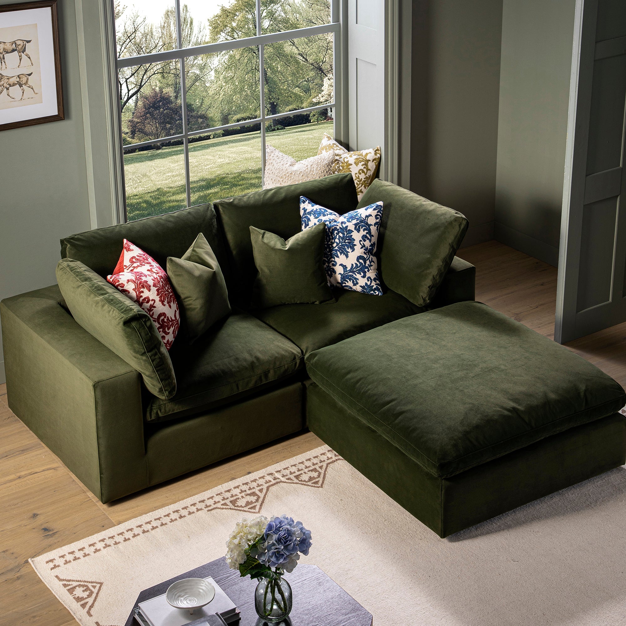 Lutyens Moss Green Velvet Modular Sofa, 2-Piece Chaise