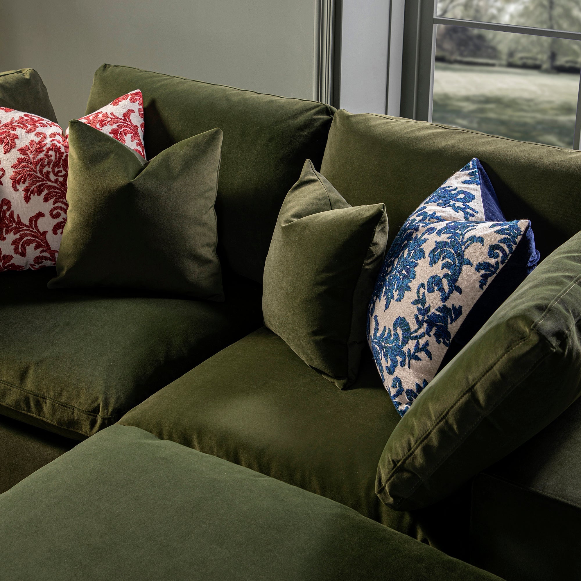 Lutyens Moss Green Velvet Modular Sofa, 2-Piece Chaise