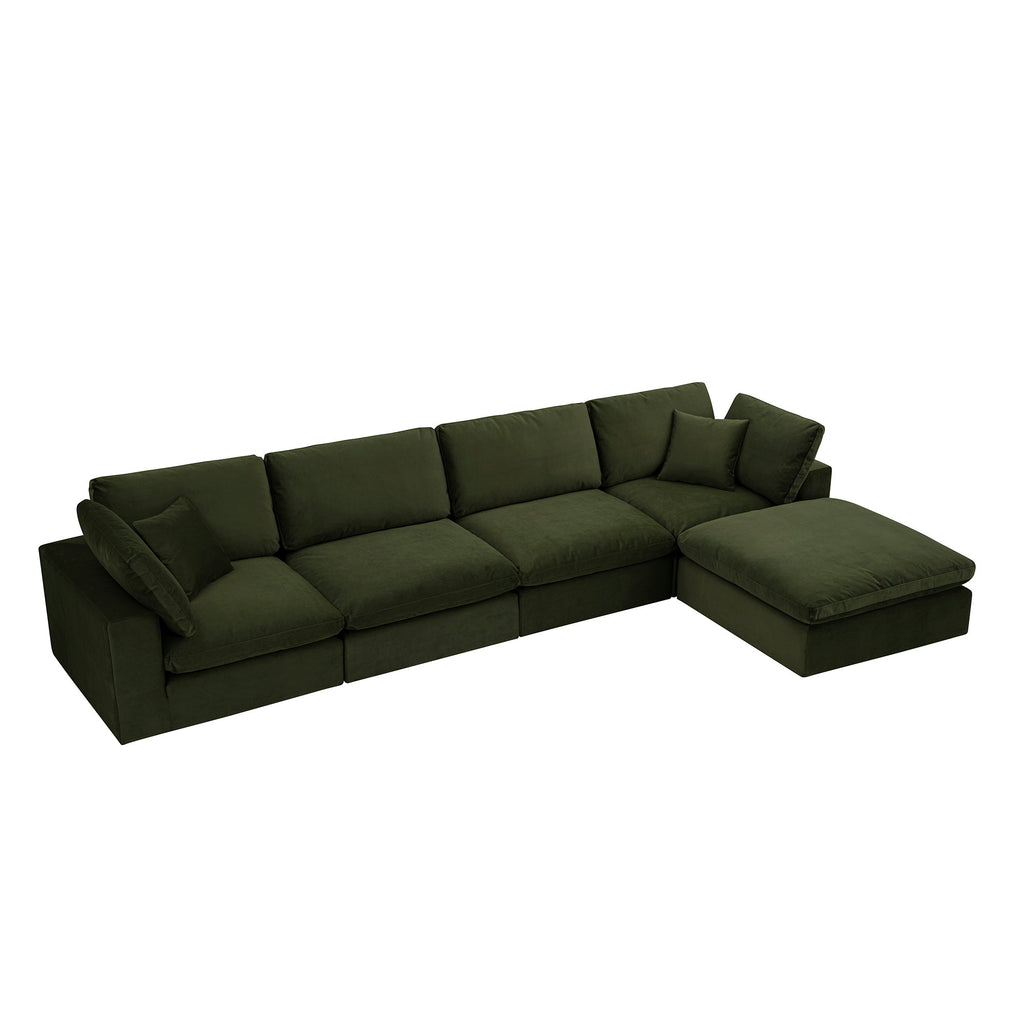 Lutyens Moss Green Velvet Modular Sofa, 4-Piece Chaise