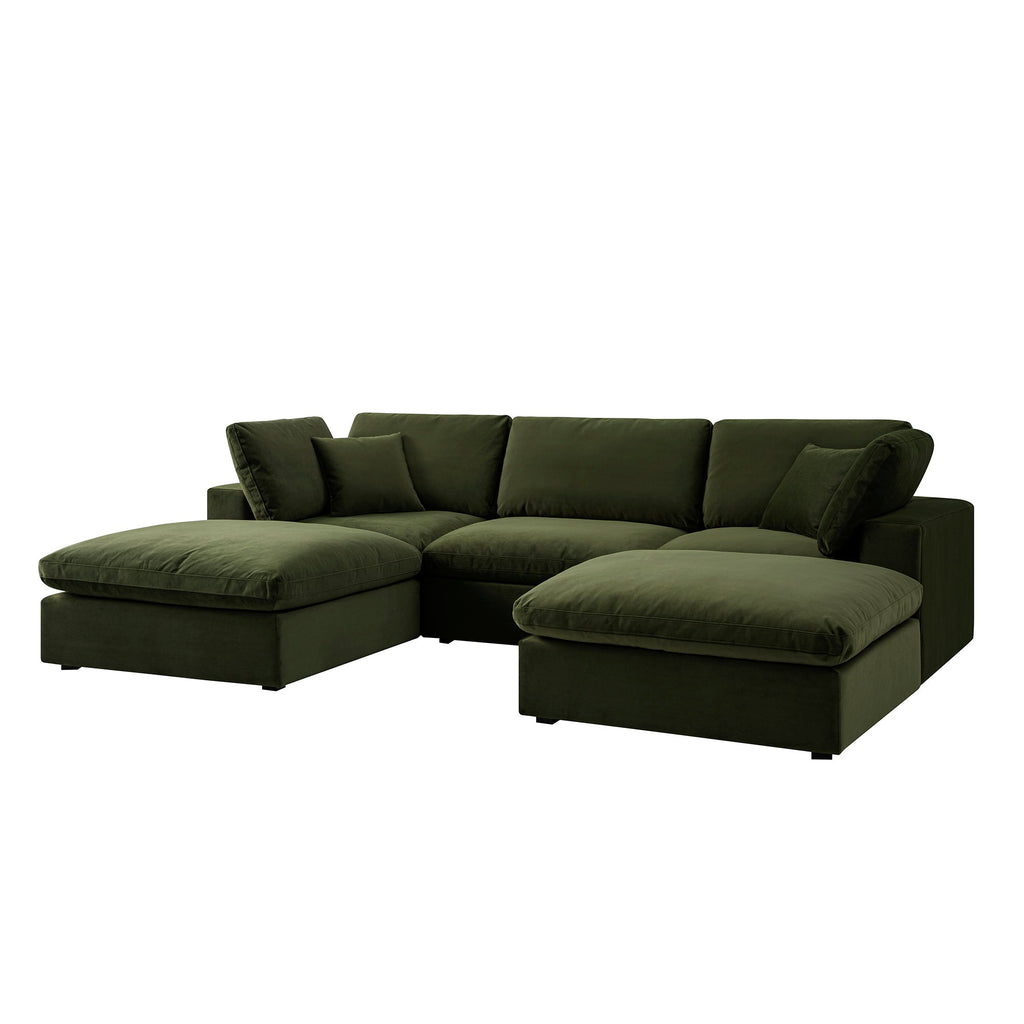 Lutyens Moss Green Velvet Modular Sofa, 5-Piece U-Shape Set