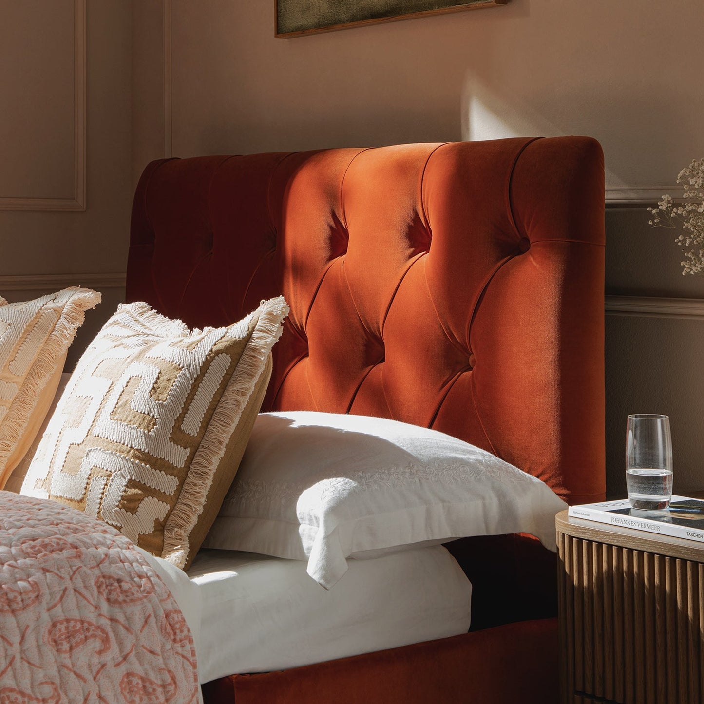 Portland Small Double Buttoned Fold-Out Bed in Ottoman, Rust Velvet