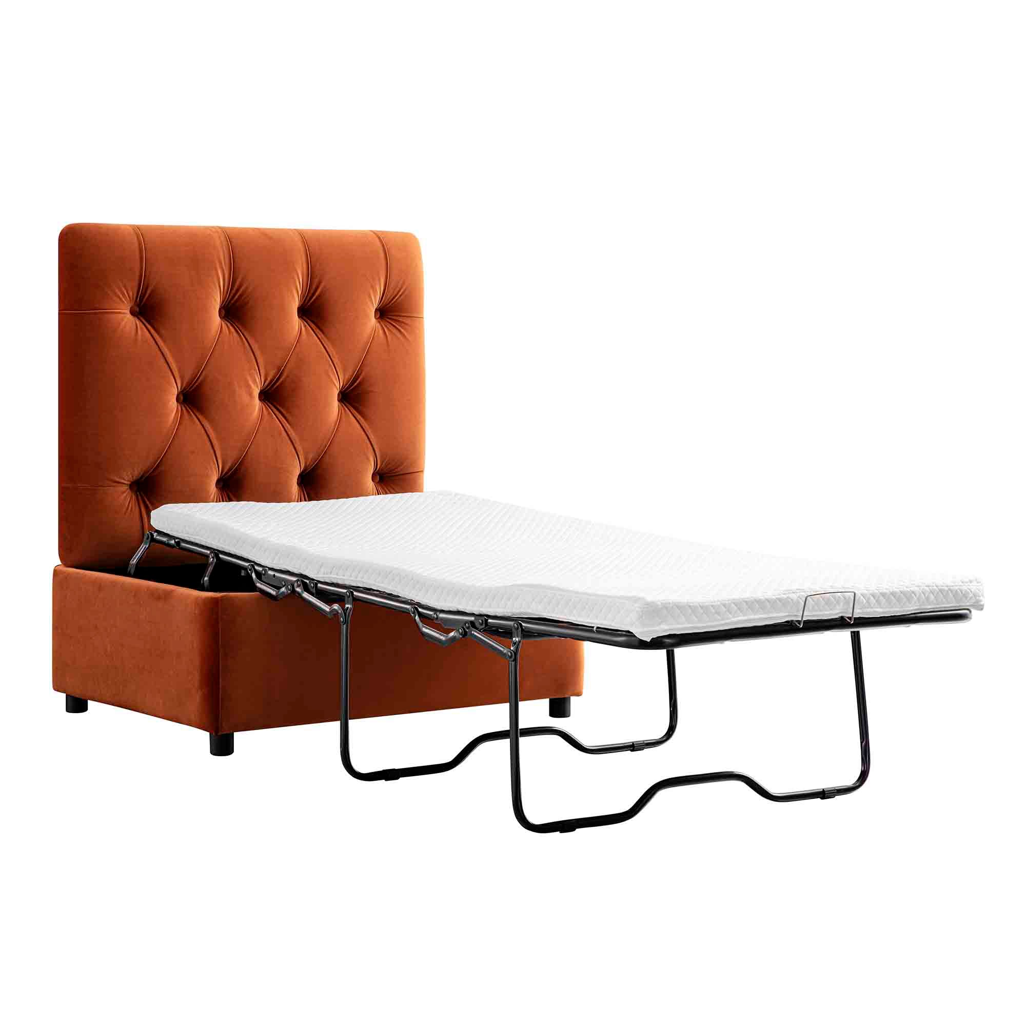 Portland Single Buttoned Fold-Out Bed in Ottoman, Rust Velvet