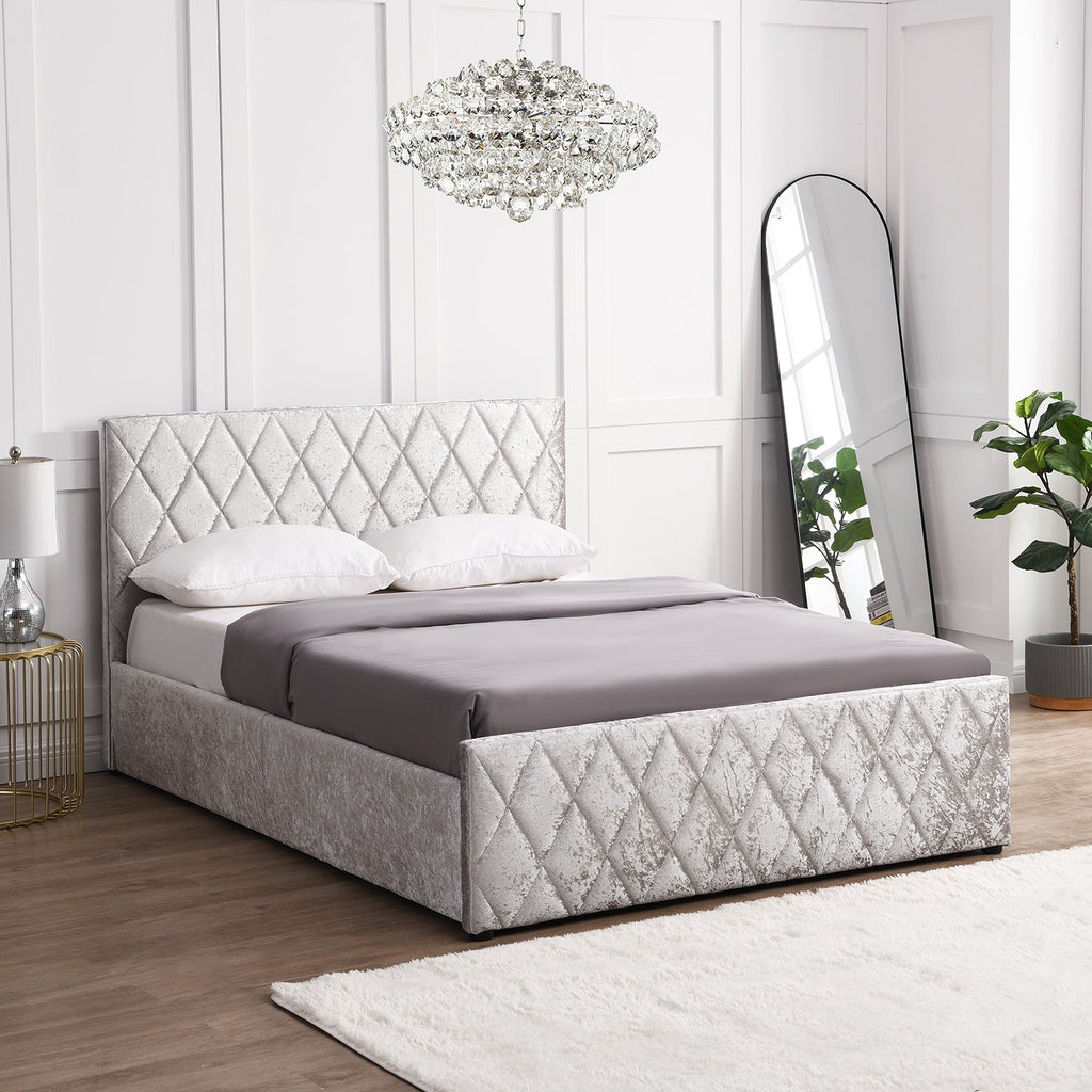 Hayden Crushed Velvet Side Lift Storage Ottoman Upholstered Bed Frame Silver