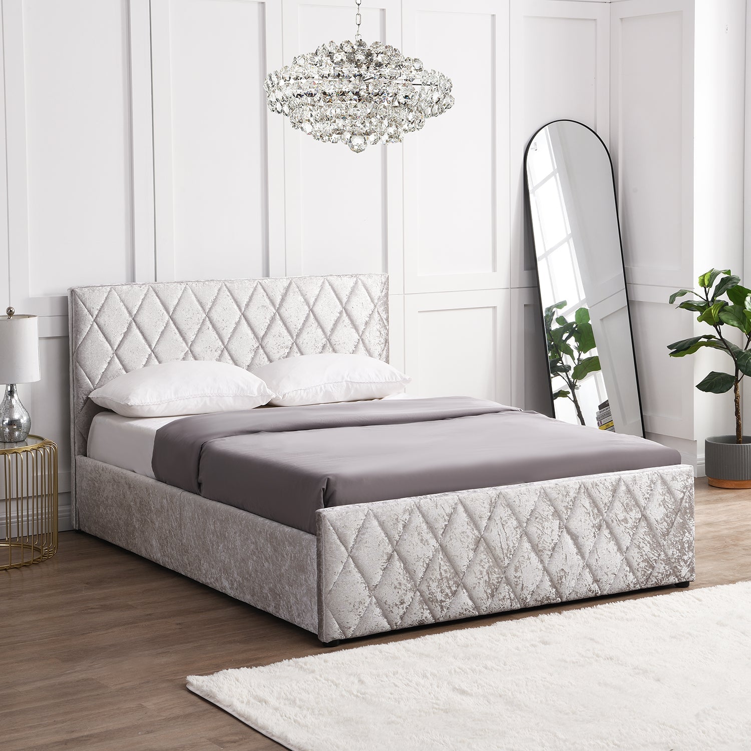 Hayden Crushed Velvet Side Lift Storage Ottoman Upholstered Bed Frame Silver