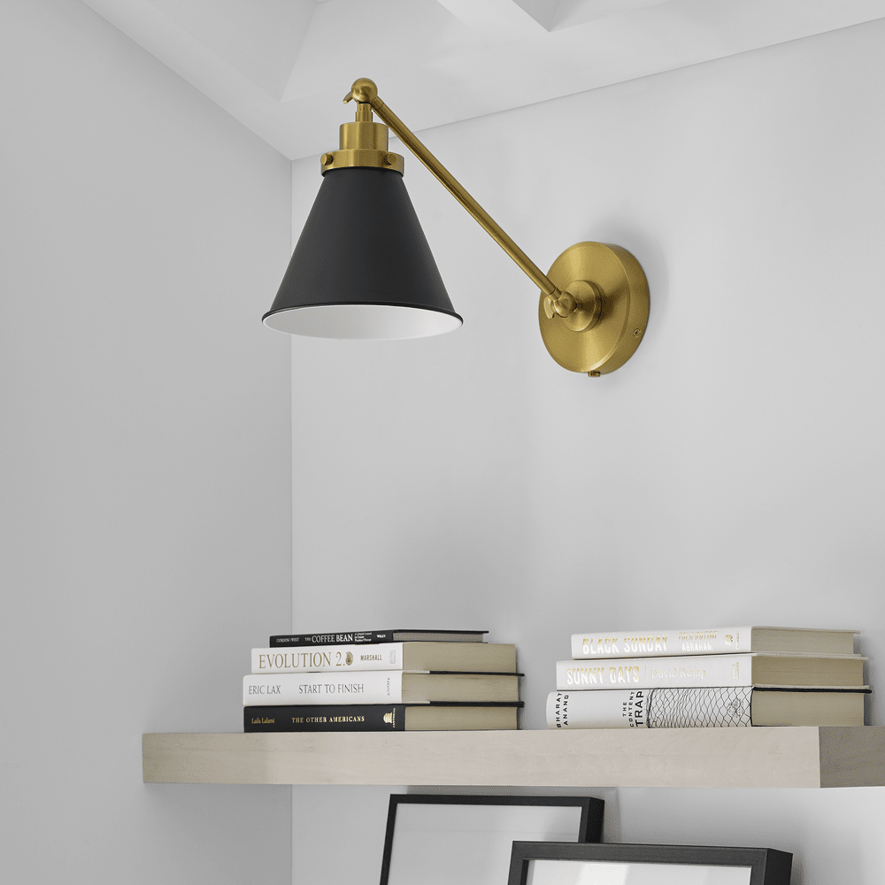 Wellfleet Single Arm Cone Task Sconce - Midnight Black & Burnished Brass with Matte Black