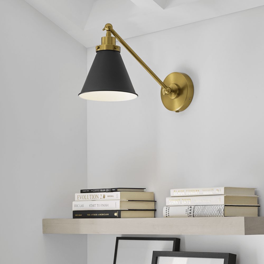 Wellfleet Single Arm Cone Task Sconce - Midnight Black & Burnished Brass with Matte Black
