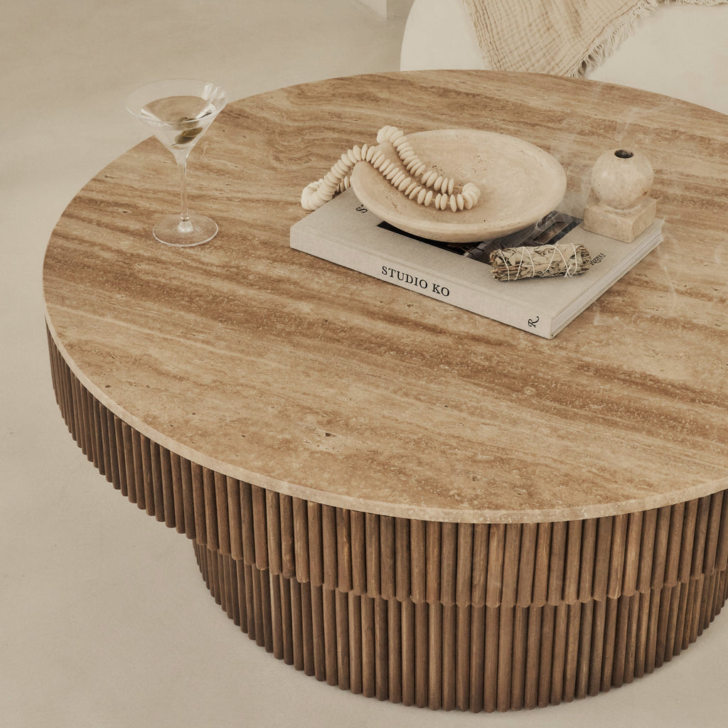 Sloane - Beige Travertine Round Warm Wood Premium Coffee Table