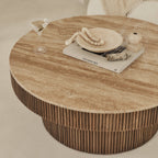 Sloane - Beige Travertine Round Warm Wood Premium Coffee Table