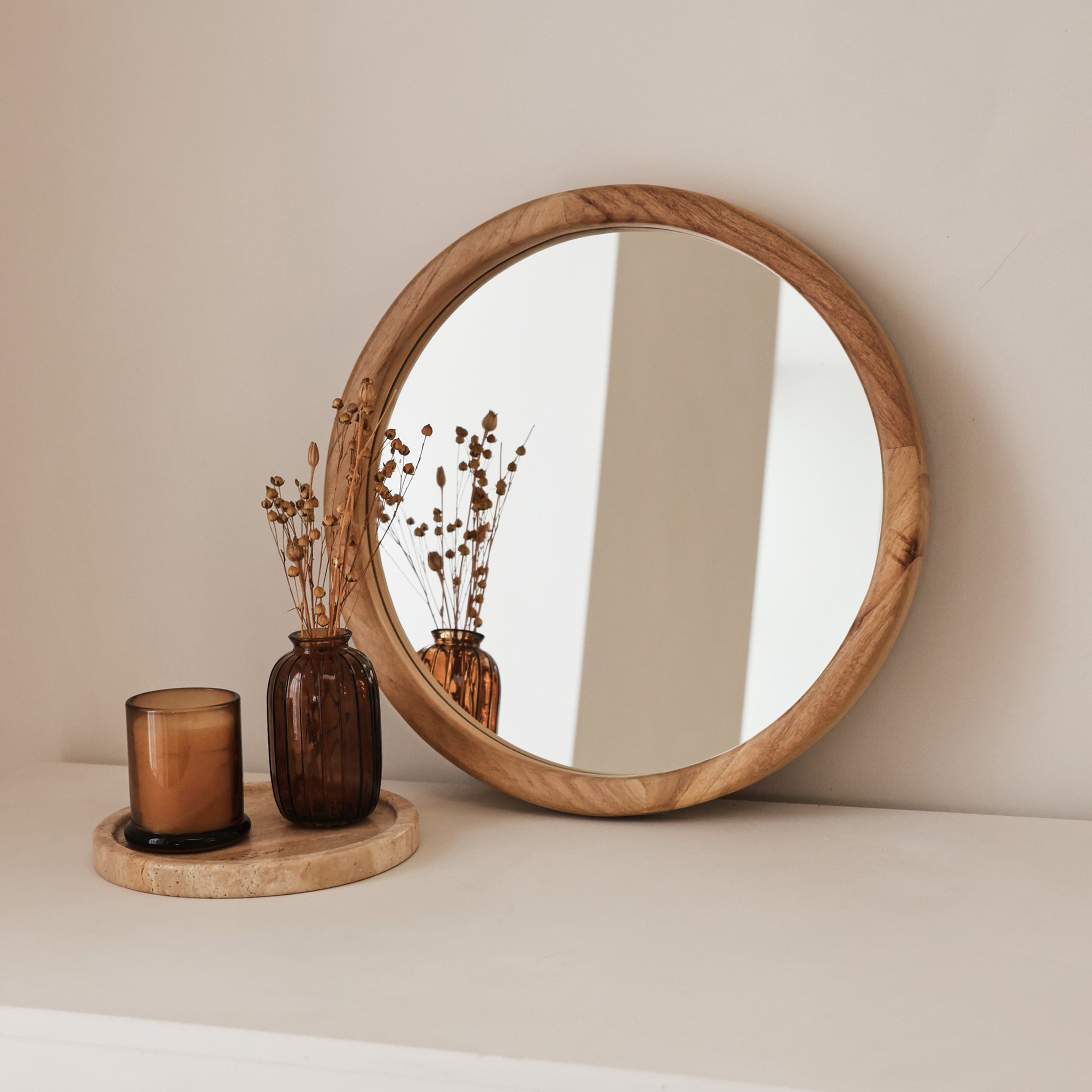Arden - Light Wood Round Wooden Wall Mirror 40cm x 40cm