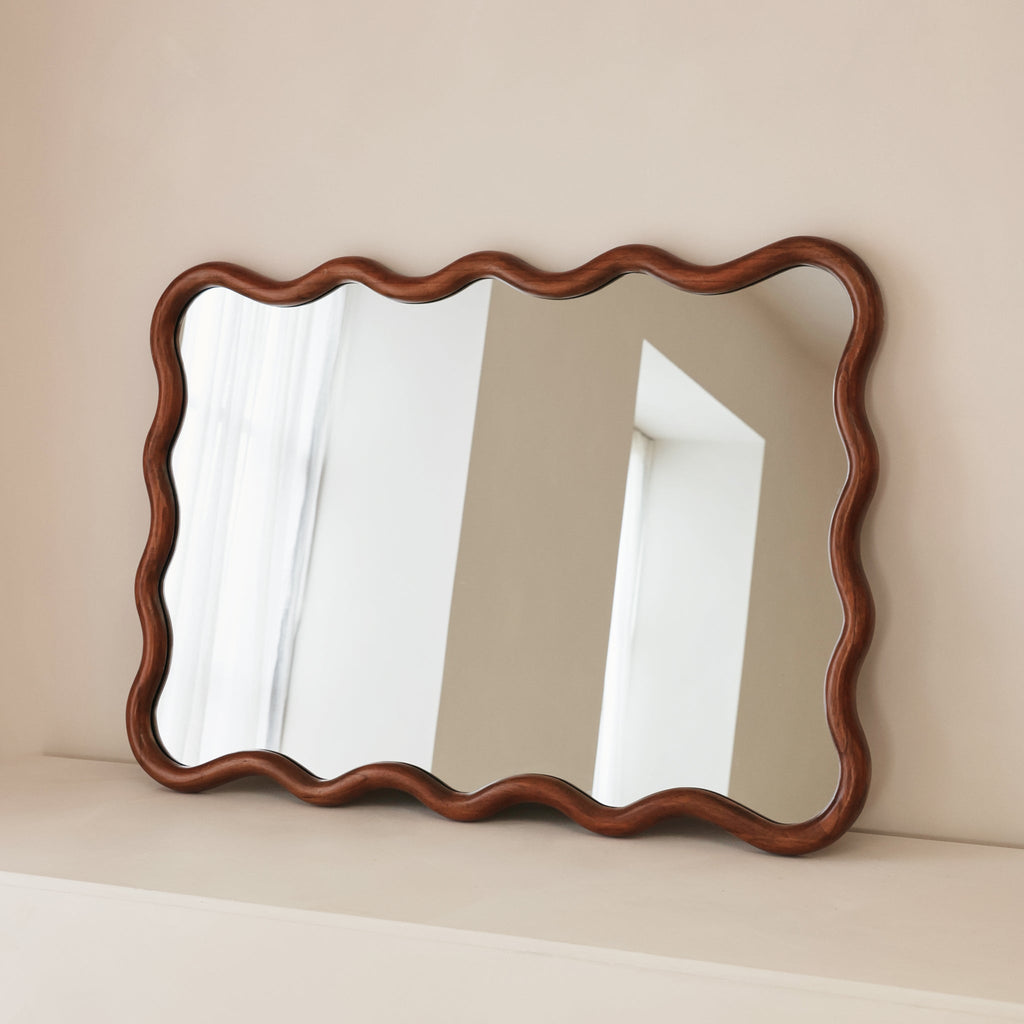 Marea - Dark Wood Wavy Retro Wall Mirror 100cm x 70cm