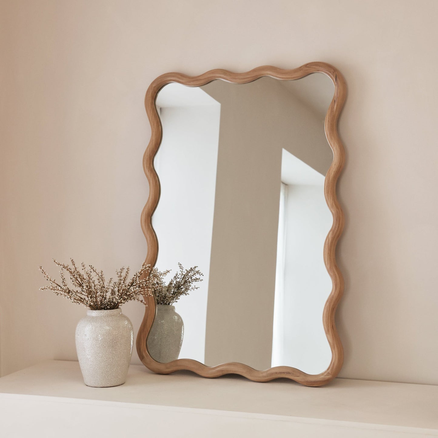 Marea - Light Wood Wavy Retro Wall Mirror 100cm x 70cm