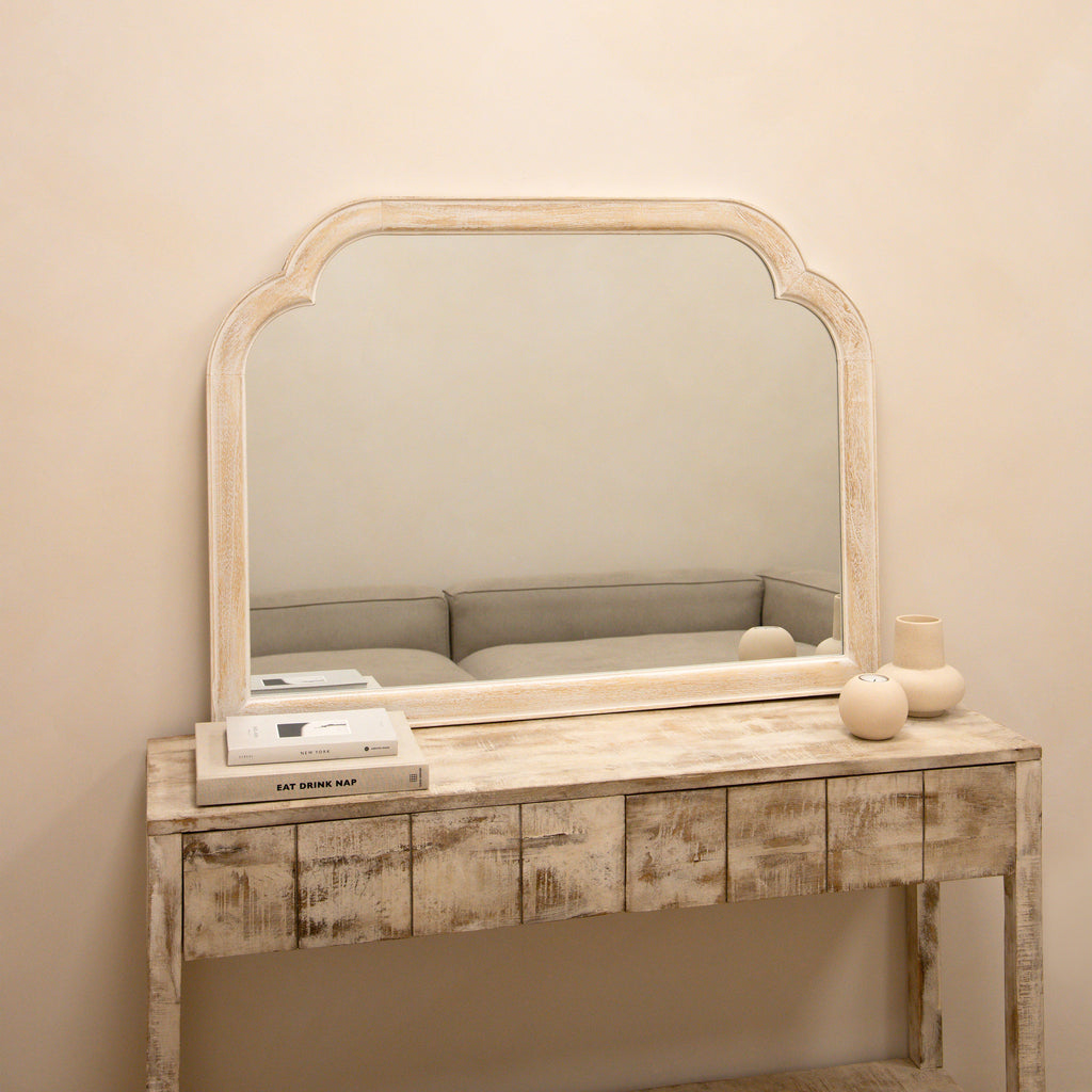 Elena - White Washed Wood Arched Overmantle Mirror 100cm x 75cm