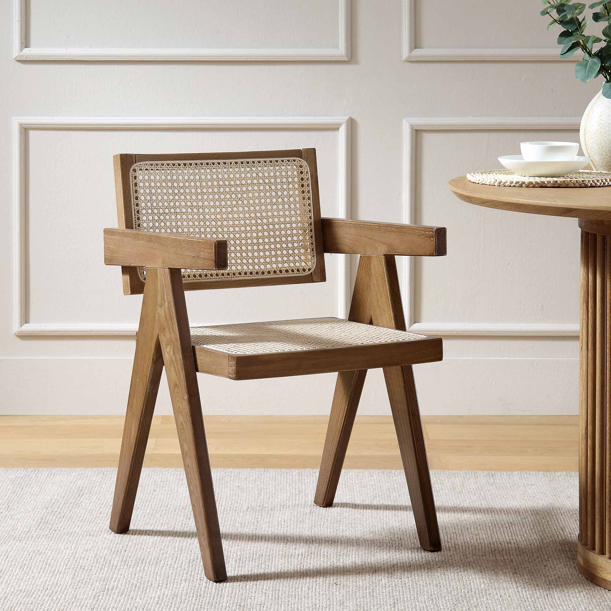 Jeanne Light Walnut Cane Rattan Solid Beech Wood Dining Chair