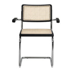 Rayna Pair of 2 Solid Beech Dining Chairs with Armrests, Natural Cane & Chrome (Black)