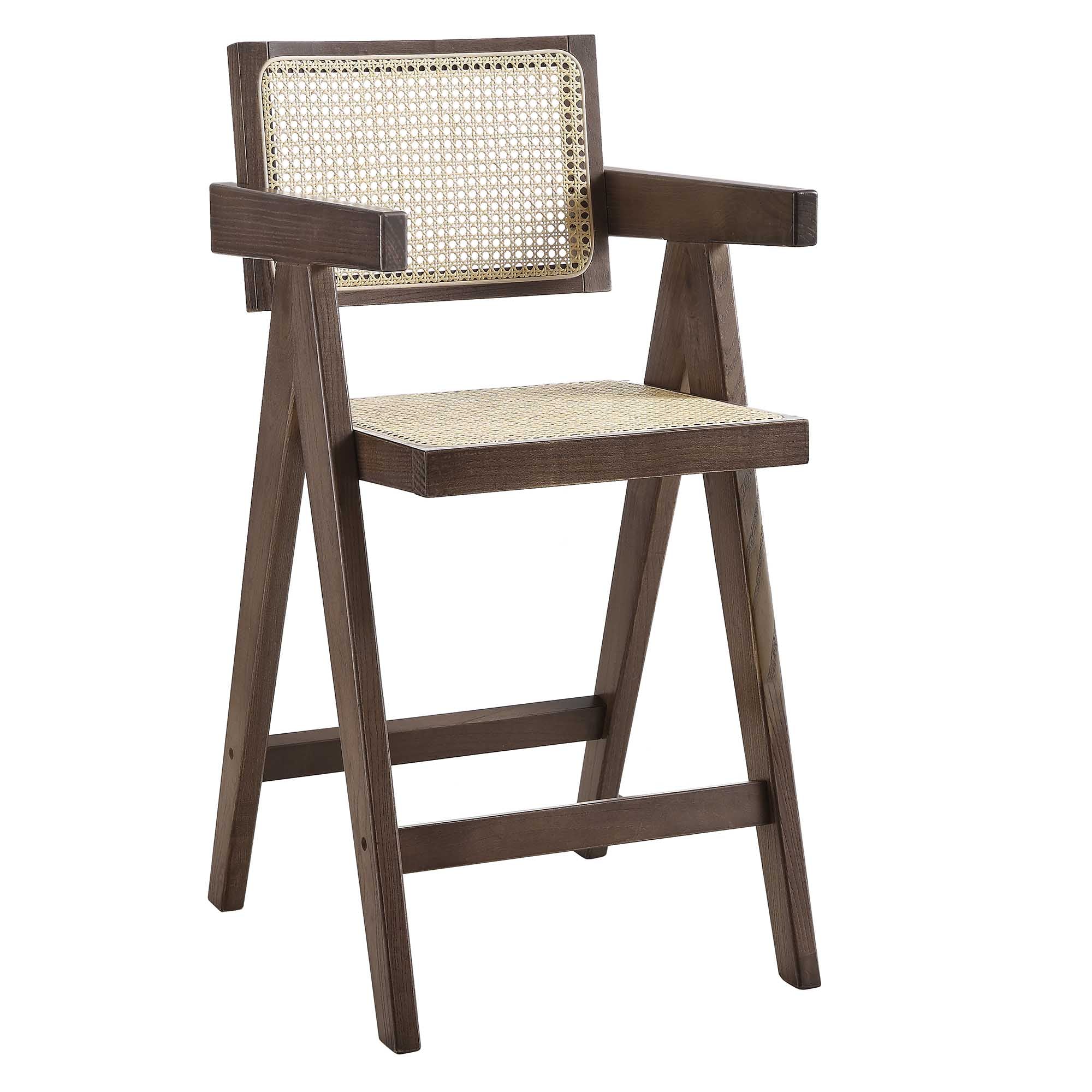 Jeanne Dark Walnut Cane Rattan Solid Beech Wood Counter Stool