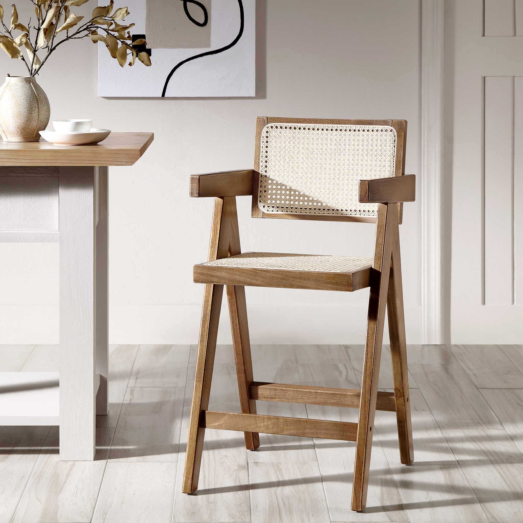 Jeanne Light Walnut Cane Rattan Solid Beech Wood Counter Stool