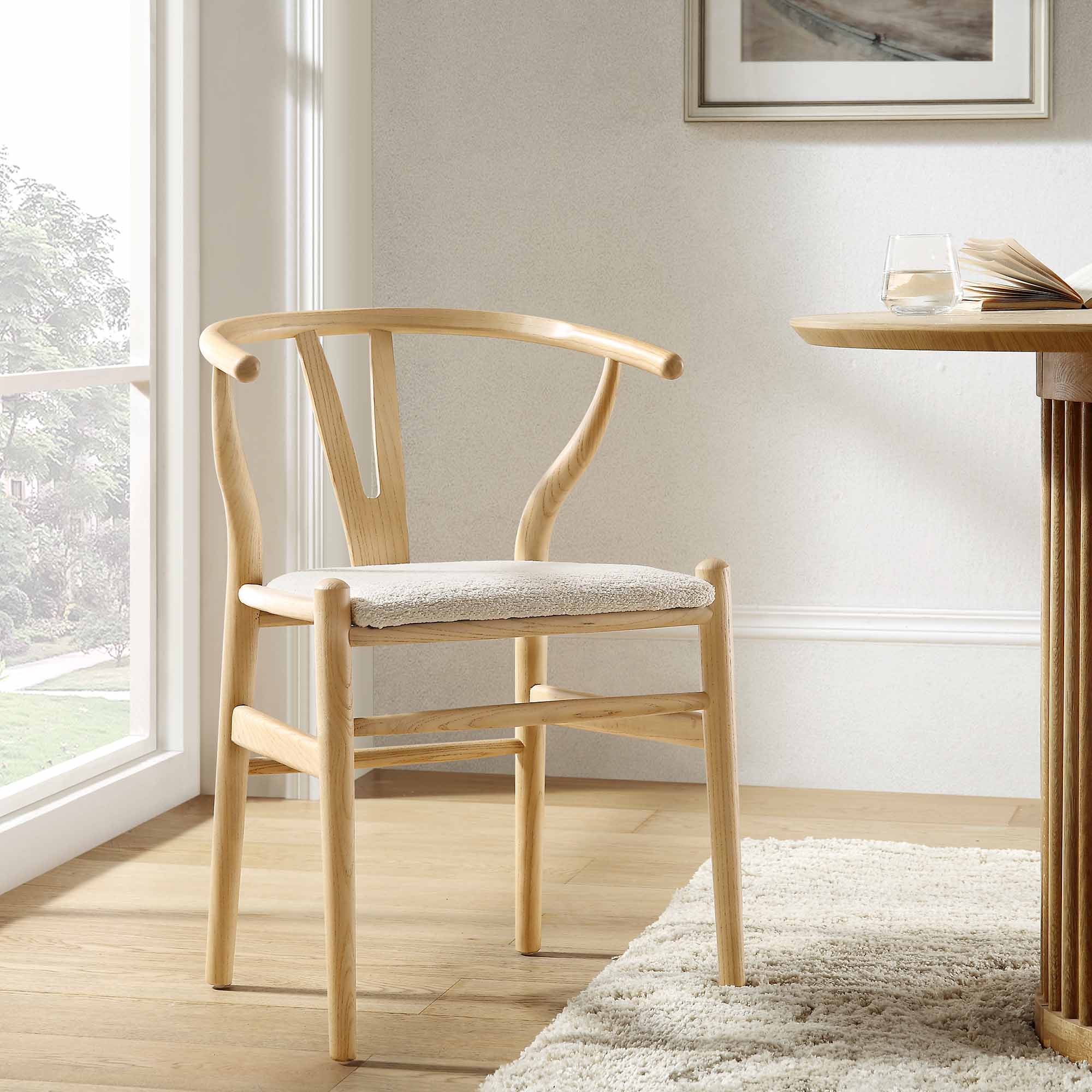 Hansel Wooden Dining Chair, Ivory White Boucle and Natural Frame