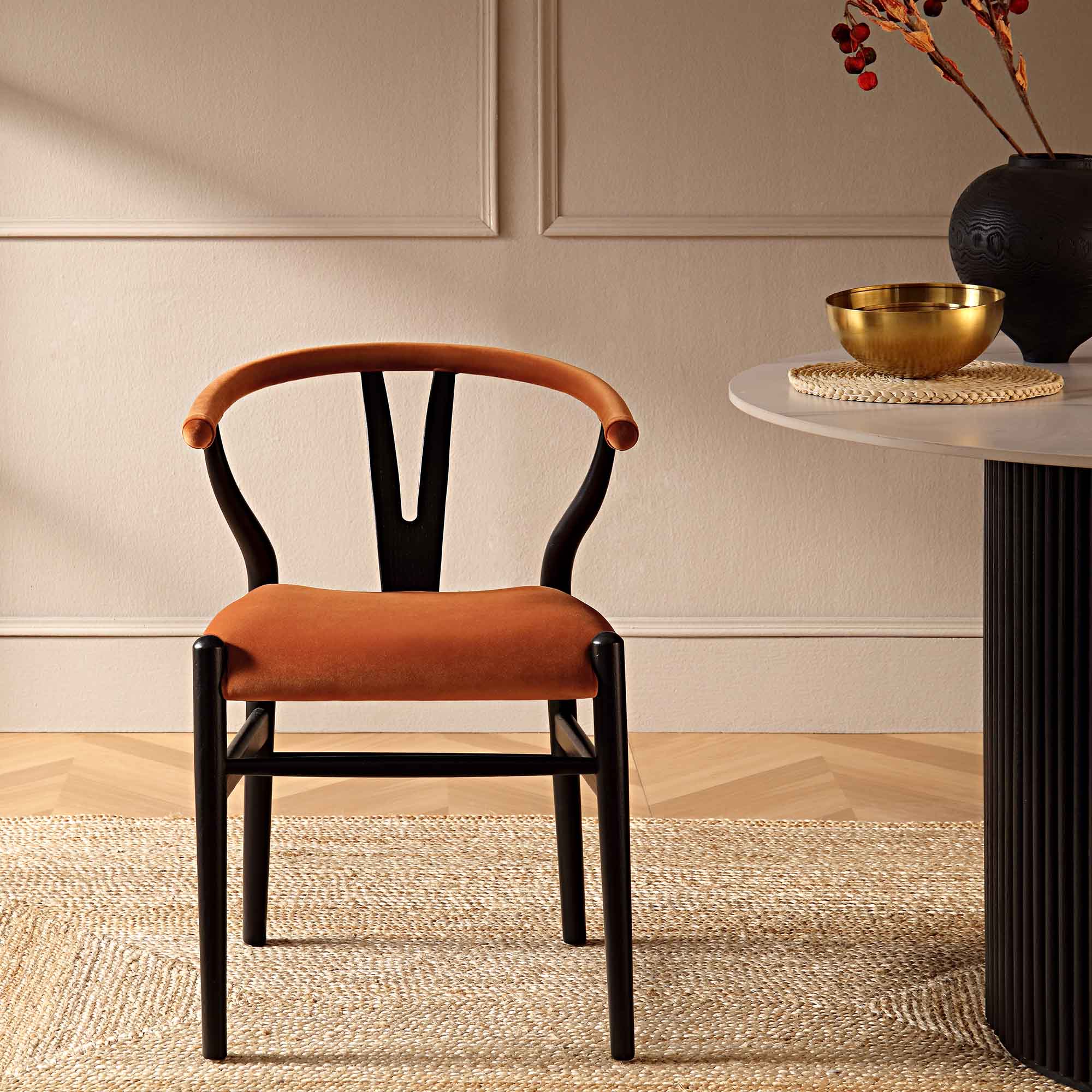 Hansel Upholstered Padded Dining Chair, Rust Velvet and Black Frame