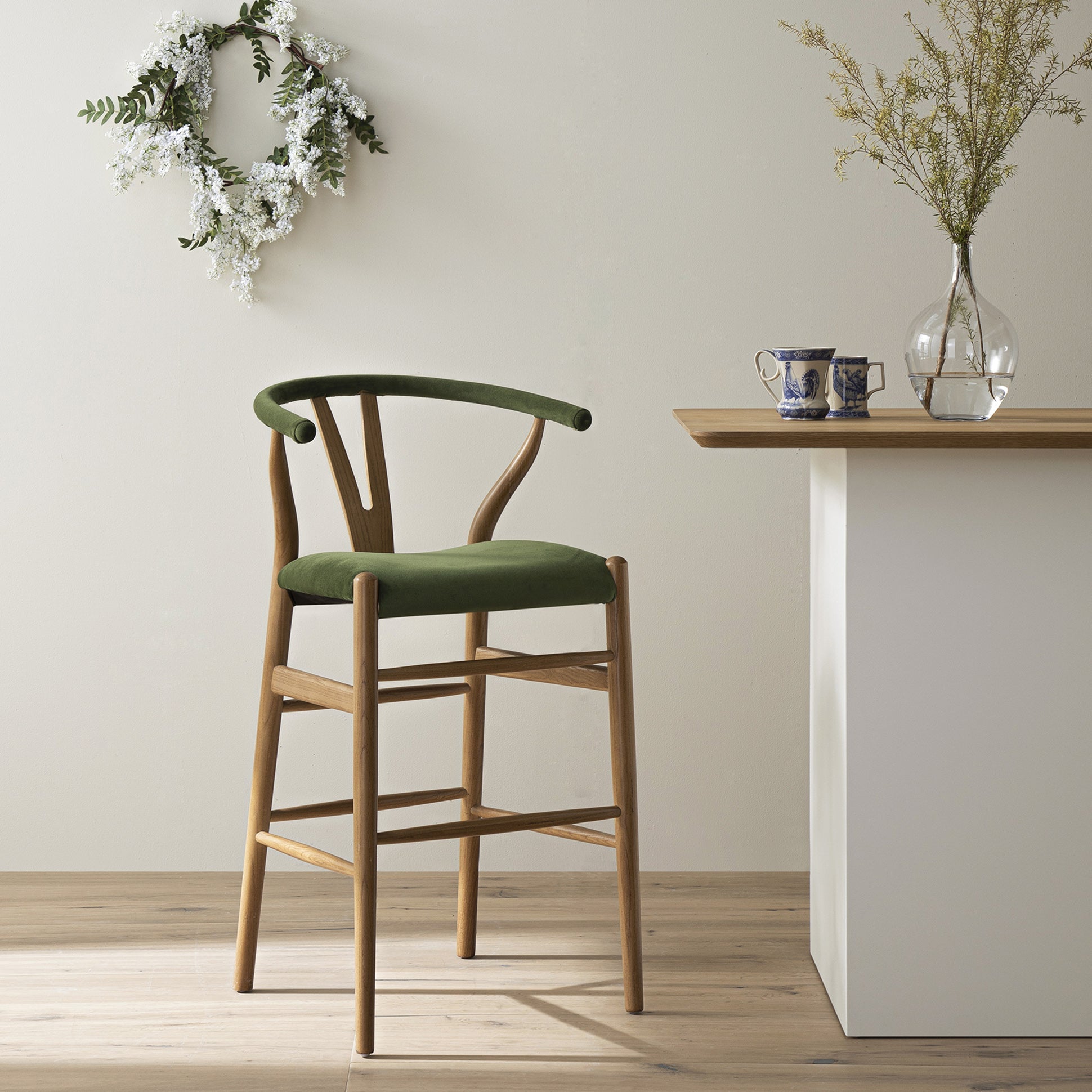 Hansel Upholstered Counter Stool, Moss Green Velvet and Light Walnut Frame