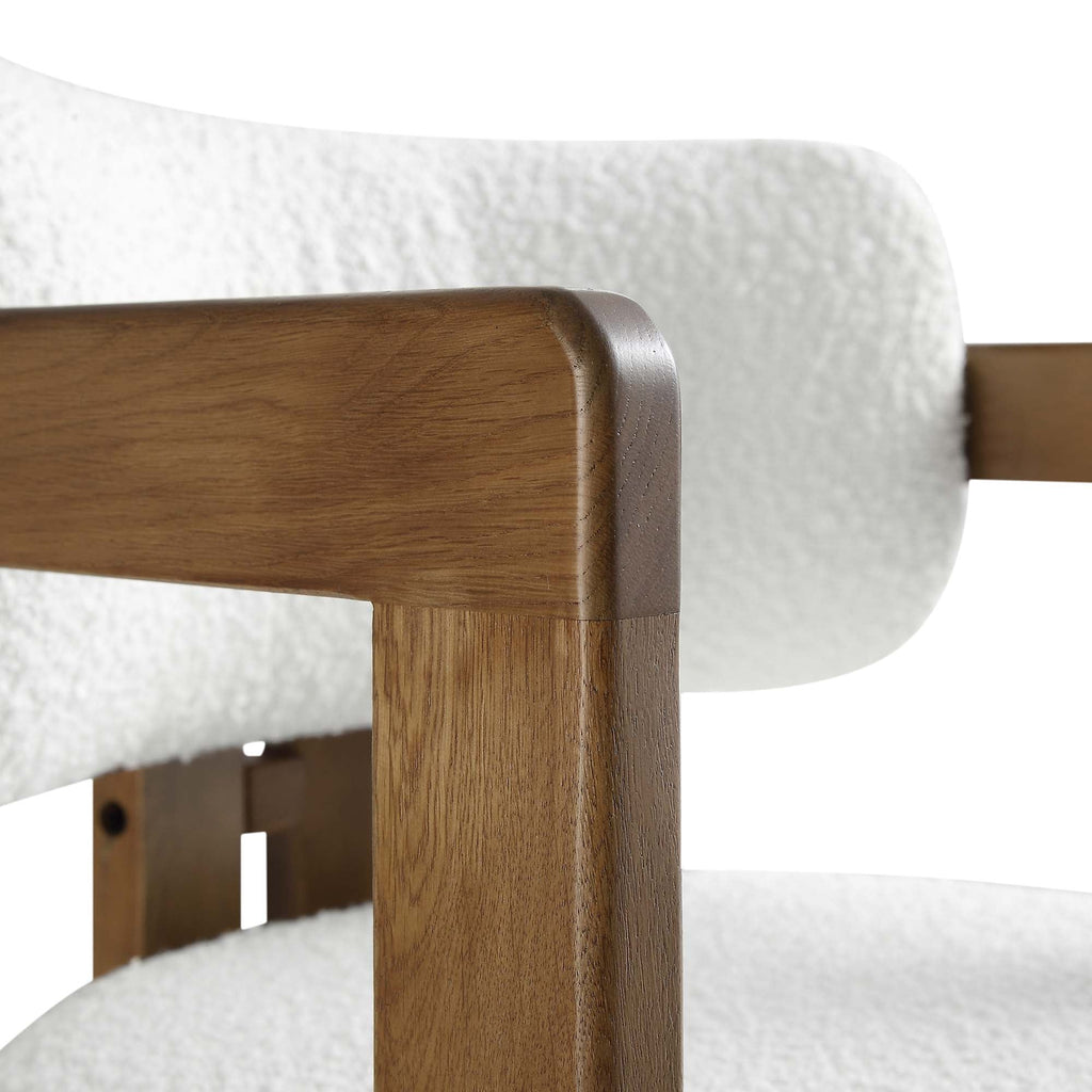 Stanford Curved Oak Frame Upholstered Chair, White Boucle Light Walnut Frame