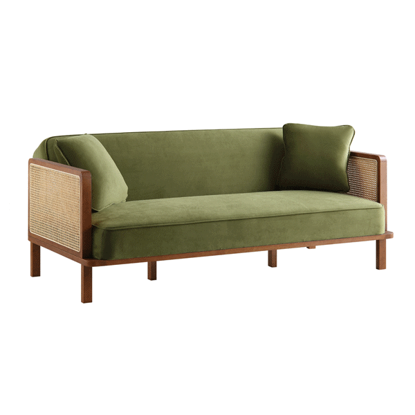 Pienza Cane Sofa Bed, Moss Green Velvet with Walnut Frame