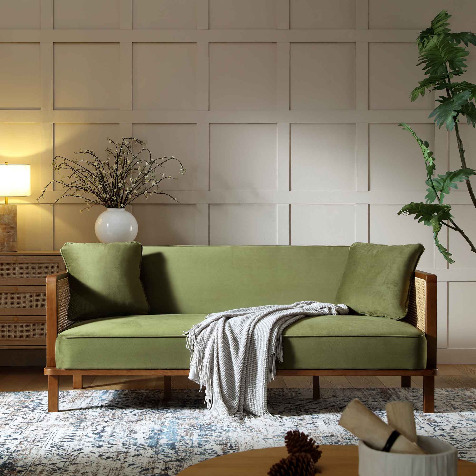 Pienza Cane Sofa Bed, Moss Green Velvet with Walnut Frame