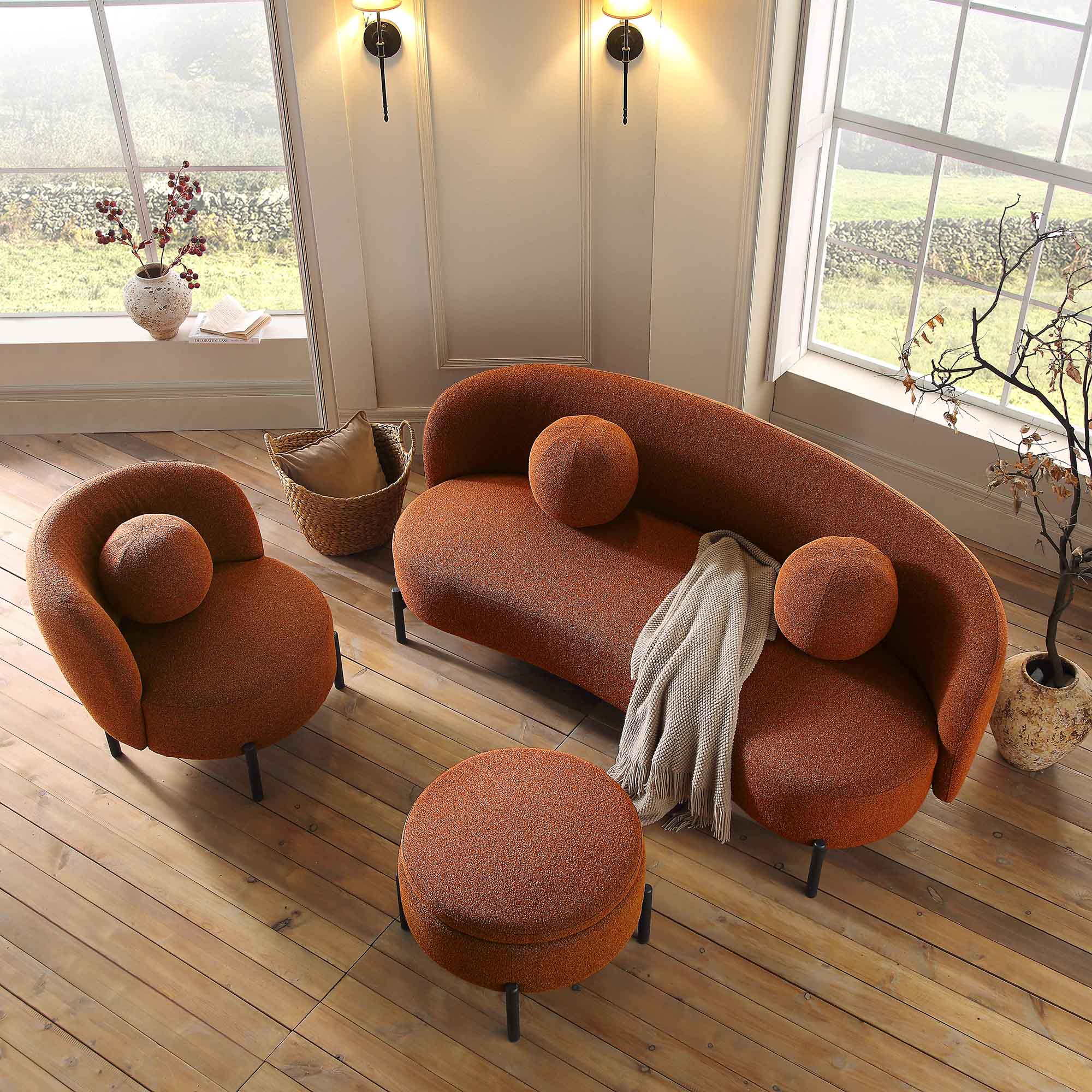 Amboise 3-Seater Curved Sofa with Ball Cushions, Brick Boucle