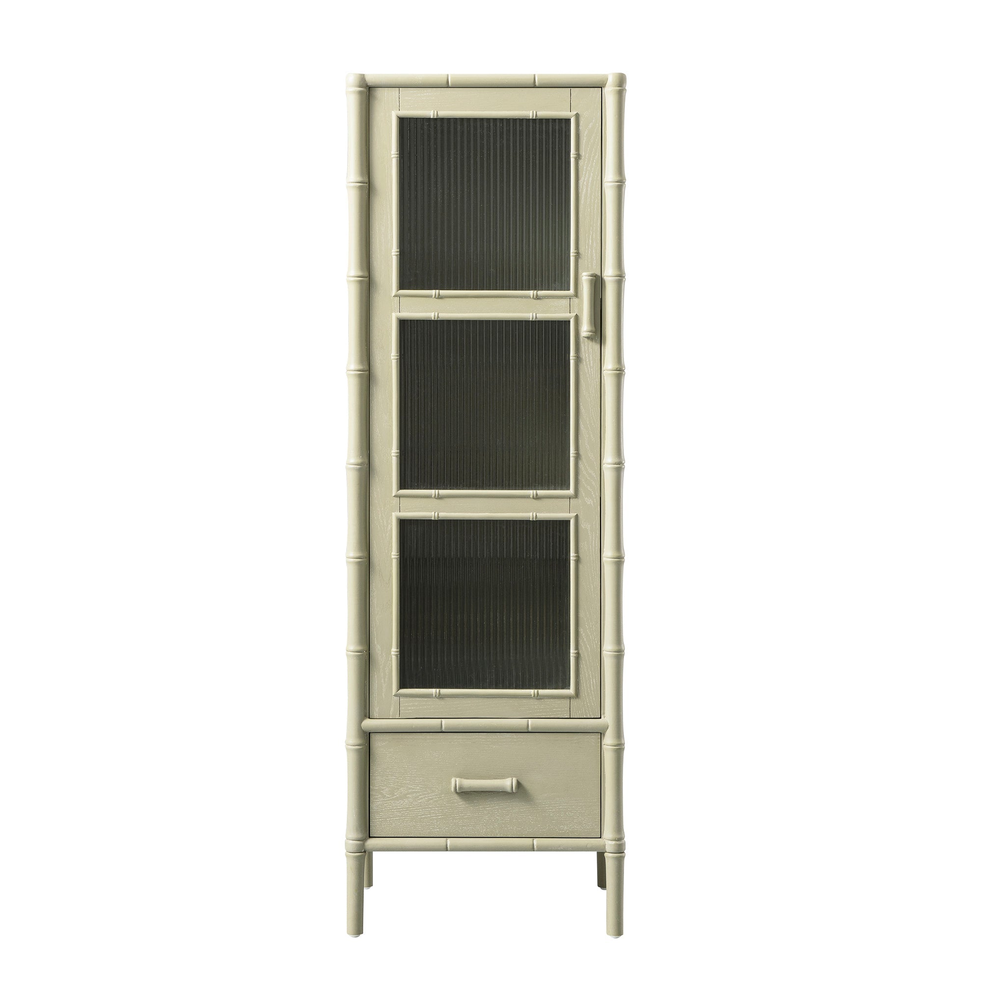 Elstowe Faux Bamboo and Fluted Glass 1-Door Cabinet, Sage Green