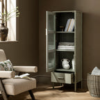 Elstowe Faux Bamboo and Fluted Glass 1-Door Cabinet, Sage Green