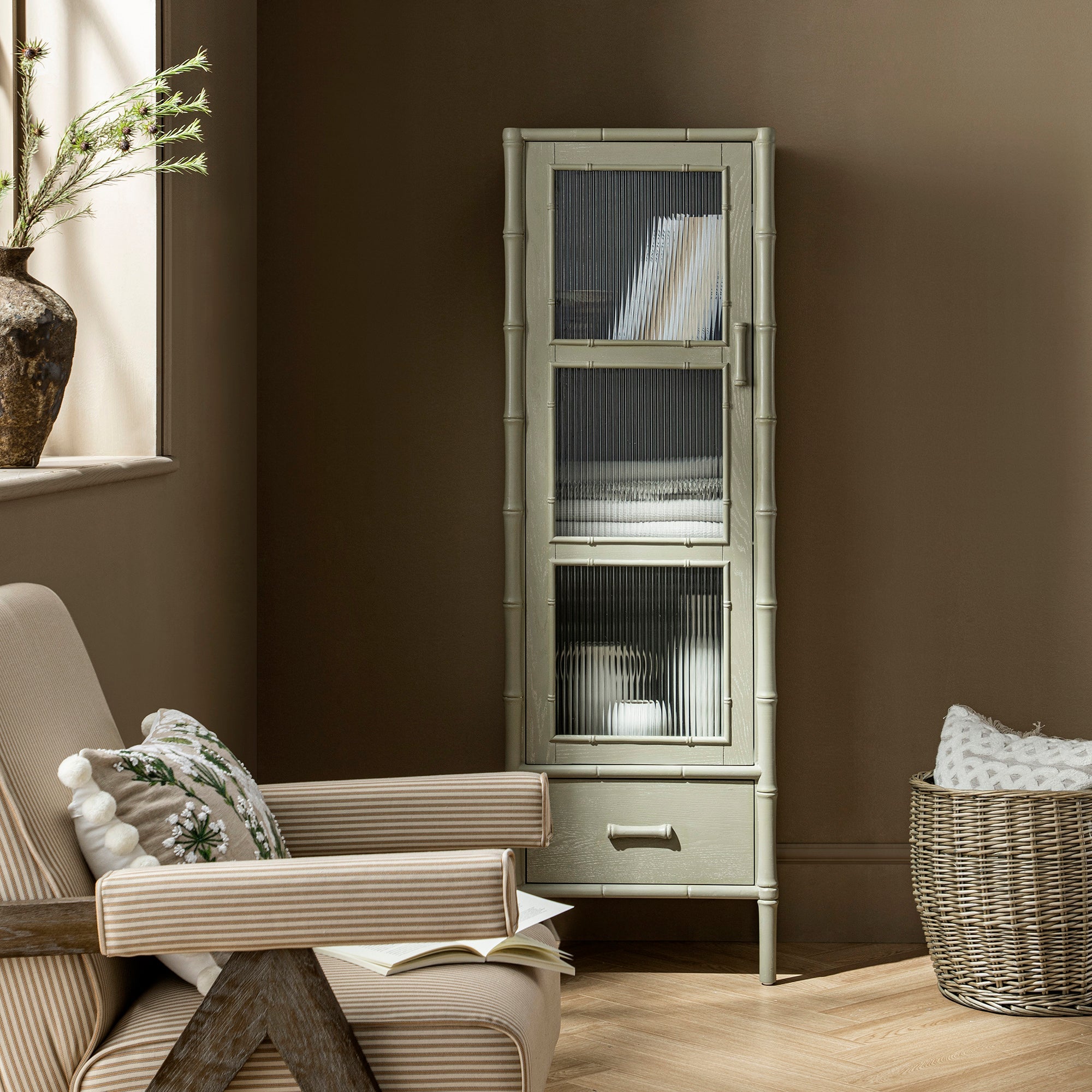 Elstowe Faux Bamboo and Fluted Glass 1-Door Cabinet, Sage Green