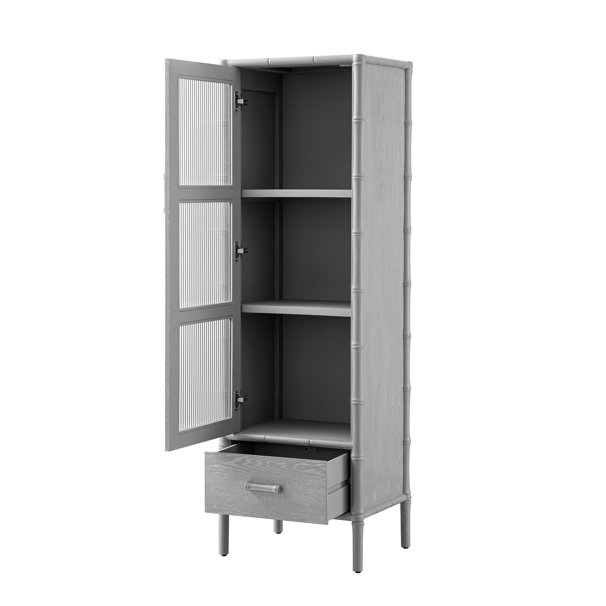 Elstowe Faux Bamboo and Fluted Glass 1-Door Cabinet, Warm Grey