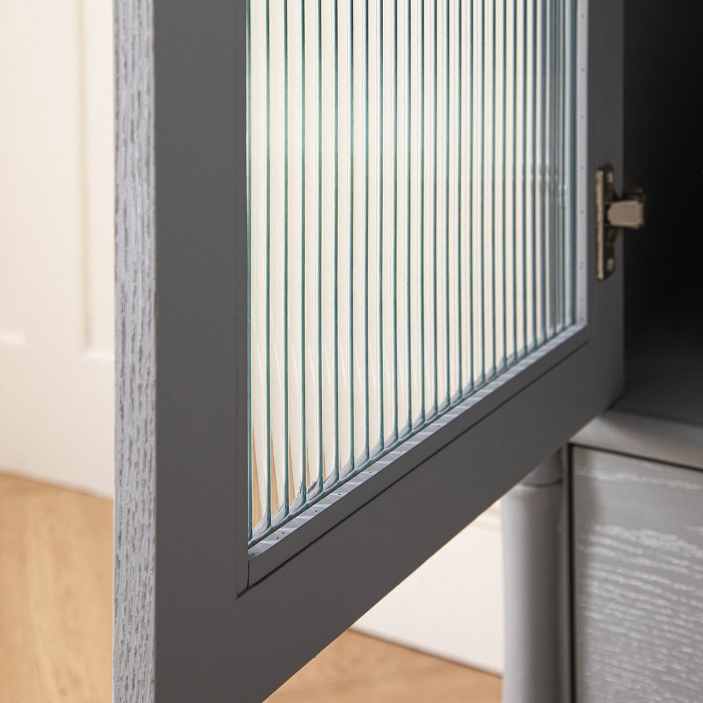 Elstowe Faux Bamboo and Fluted Glass 1-Door Cabinet, Warm Grey