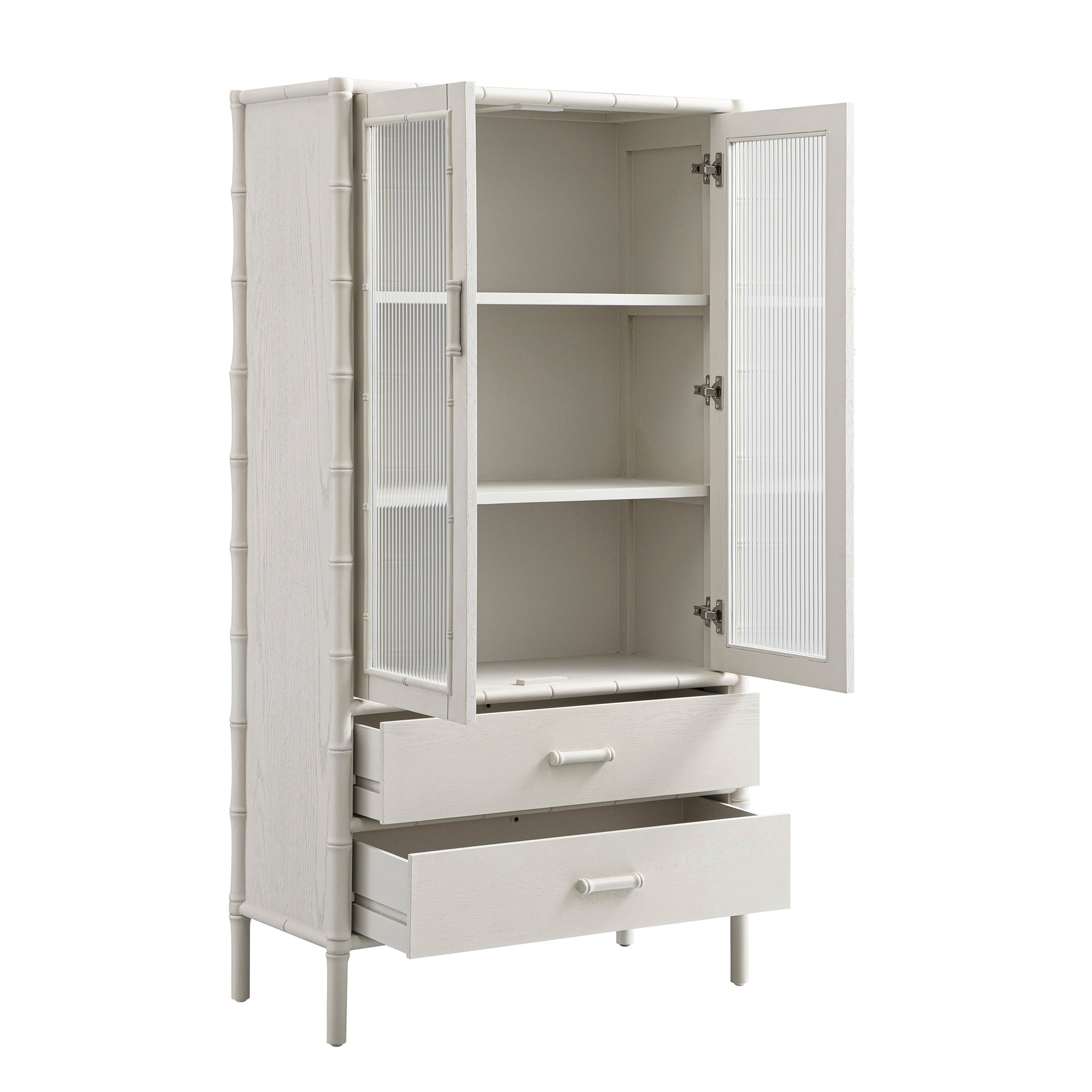 Elstowe Faux Bamboo and Fluted Glass 2-Door Cabinet, Shaded White