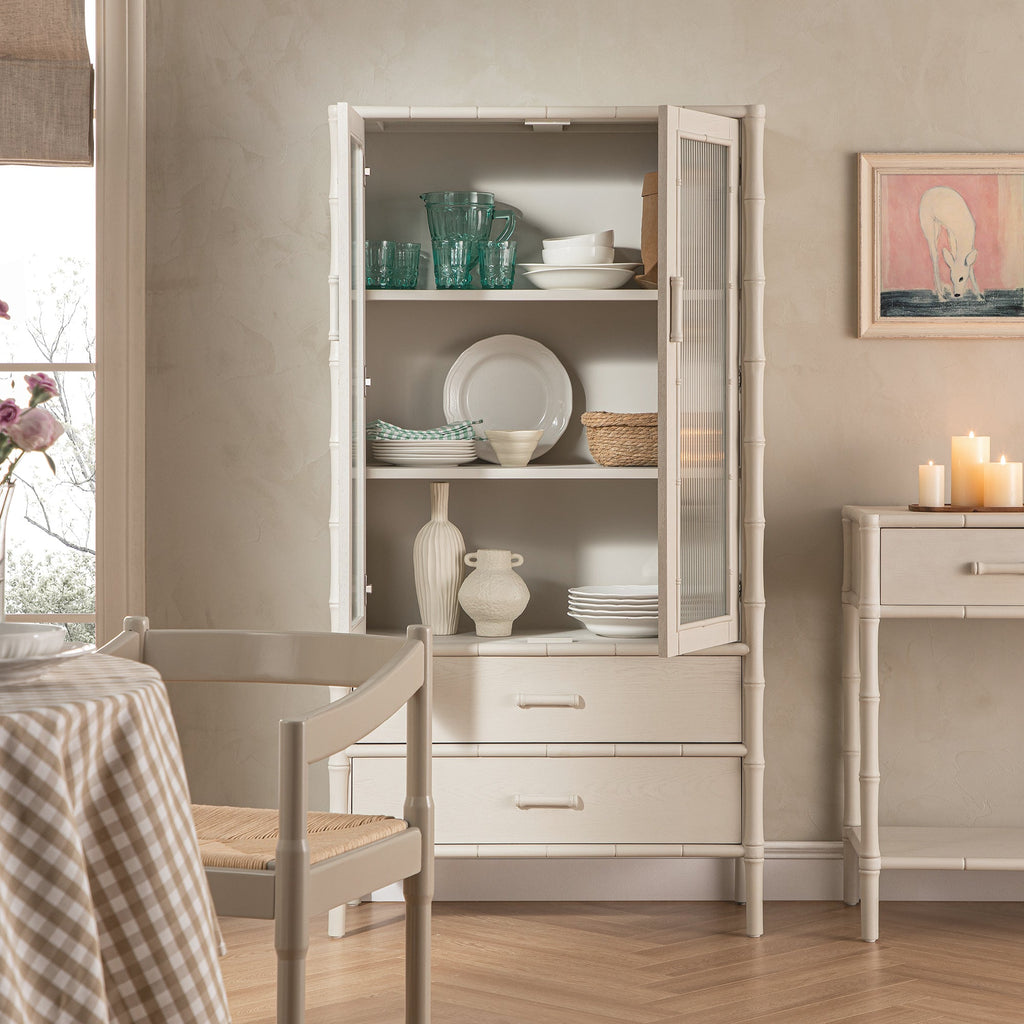 Elstowe Faux Bamboo and Fluted Glass 2-Door Cabinet, Shaded White
