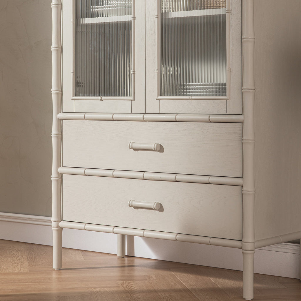 Elstowe Faux Bamboo and Fluted Glass 2-Door Cabinet, Shaded White