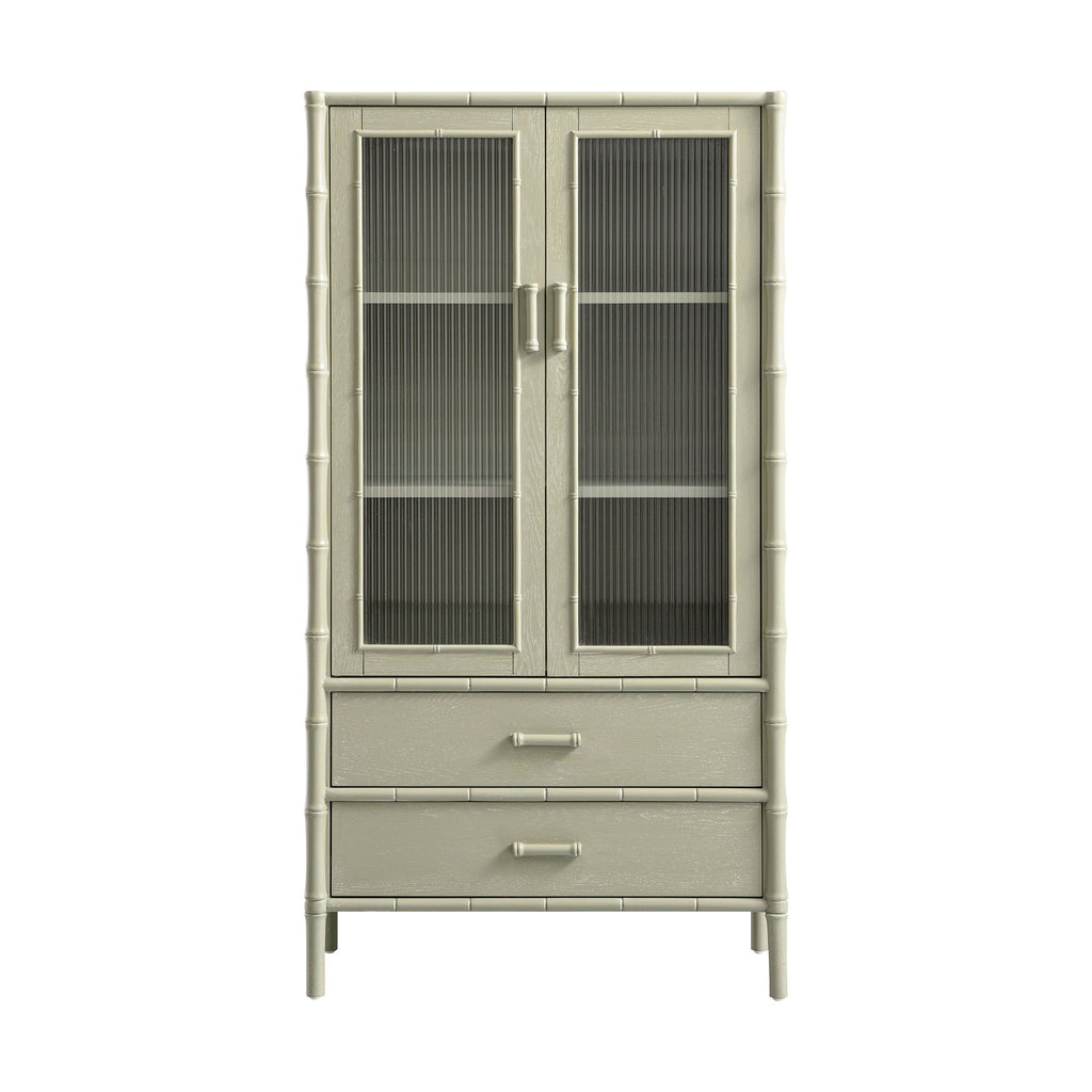 Elstowe Faux Bamboo and Fluted Glass 2-Door Cabinet, Sage Green