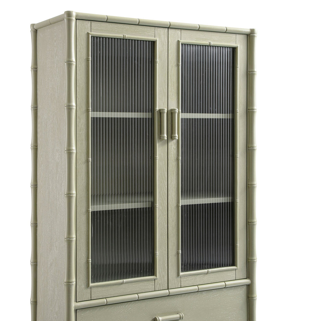 Elstowe Faux Bamboo and Fluted Glass 2-Door Cabinet, Sage Green