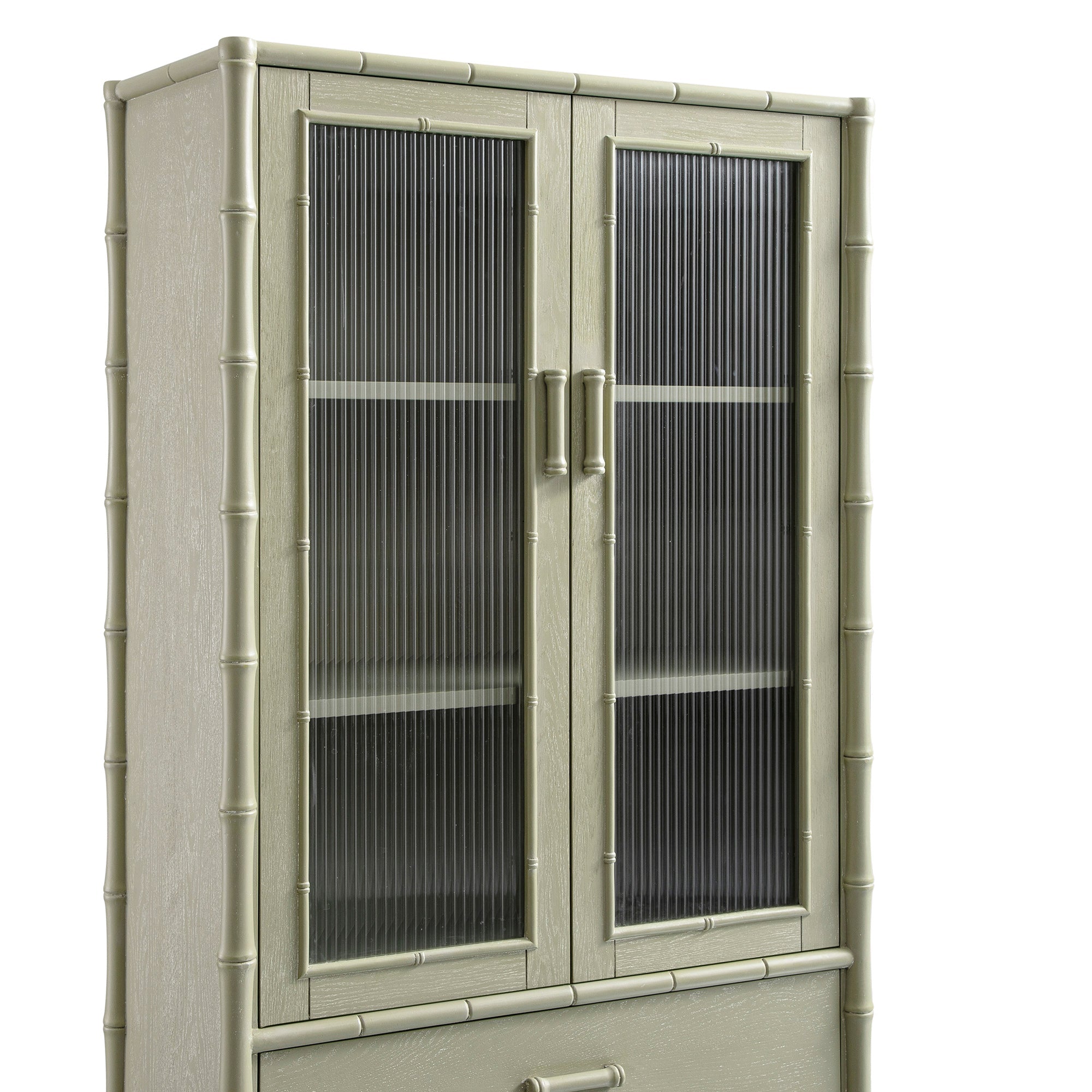 Elstowe Faux Bamboo and Fluted Glass 2-Door Cabinet, Sage Green
